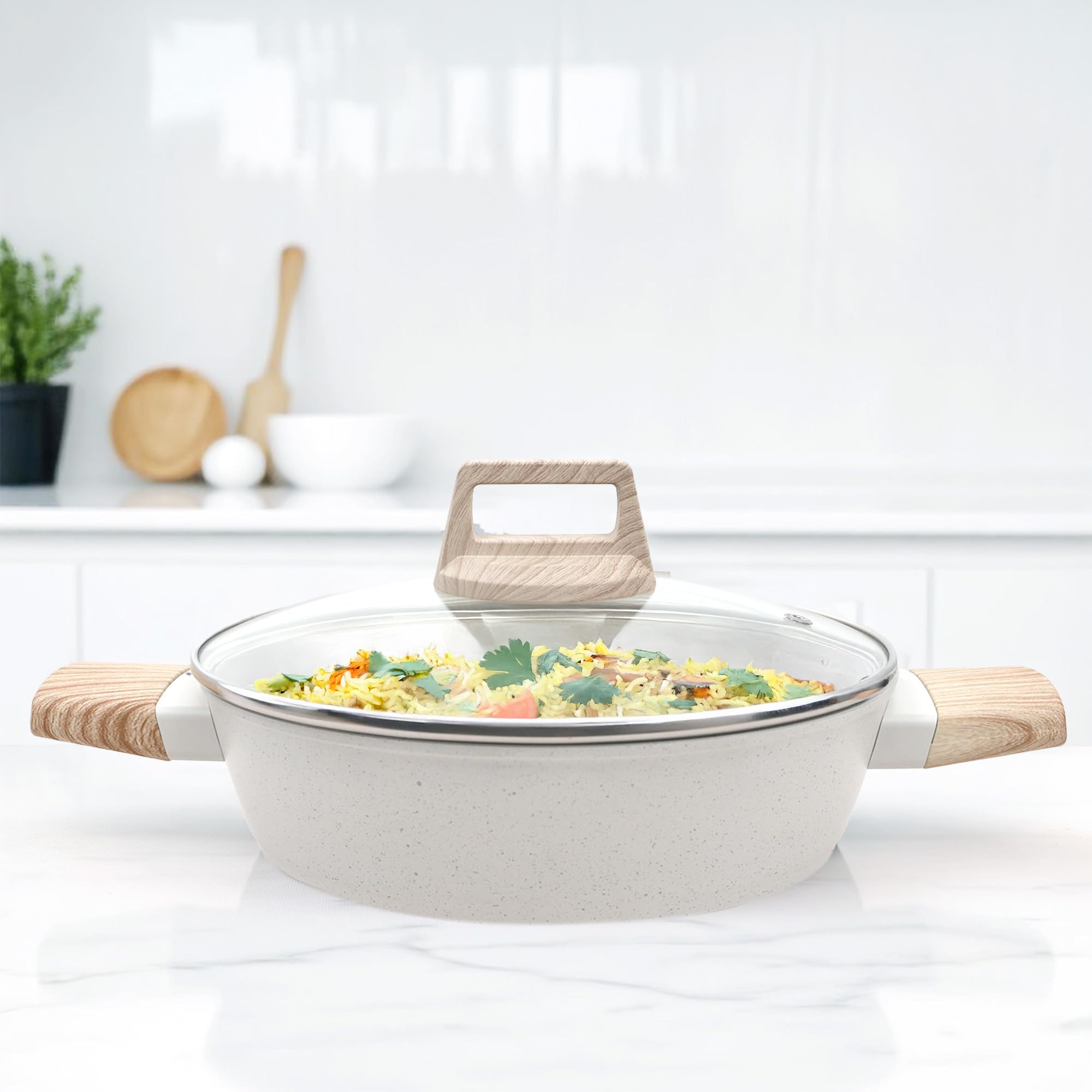 SOLARA Belmont Ceramic Low Casserole with Glass Lid, 2.2 Litre/24Cm, Cast Aluminium Body, Stew Pot, Biriyani Bowl, Gas & Induction Compatible, Ivory-image-15