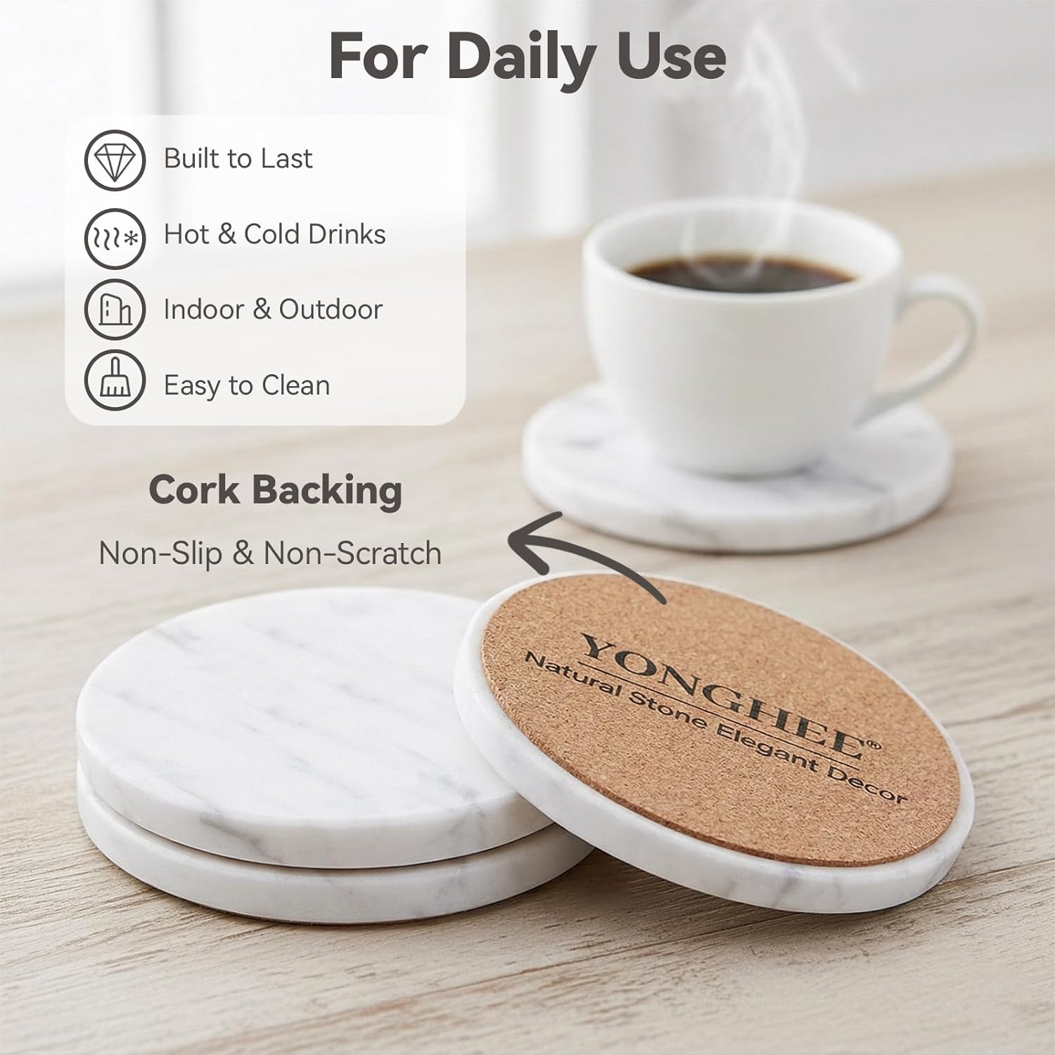 Natural White Marble Coasters Set of 8, 4" Round Elegant Modern Marble Drink Coasters for Coffee Table Decor & Tabletop Protection, Neutral White Stone Coaster with Cork Backing, Gift-Boxed