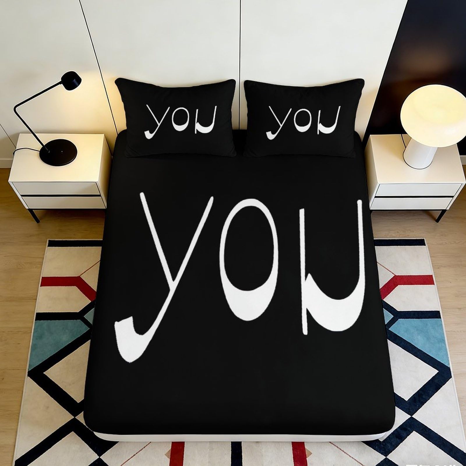 3D Printed YOU Letter Fitted Sheet Microfiber Soft Black White Typography Bed Cover for Bedroom Guest Room Mattress Decor 90x200x25cm