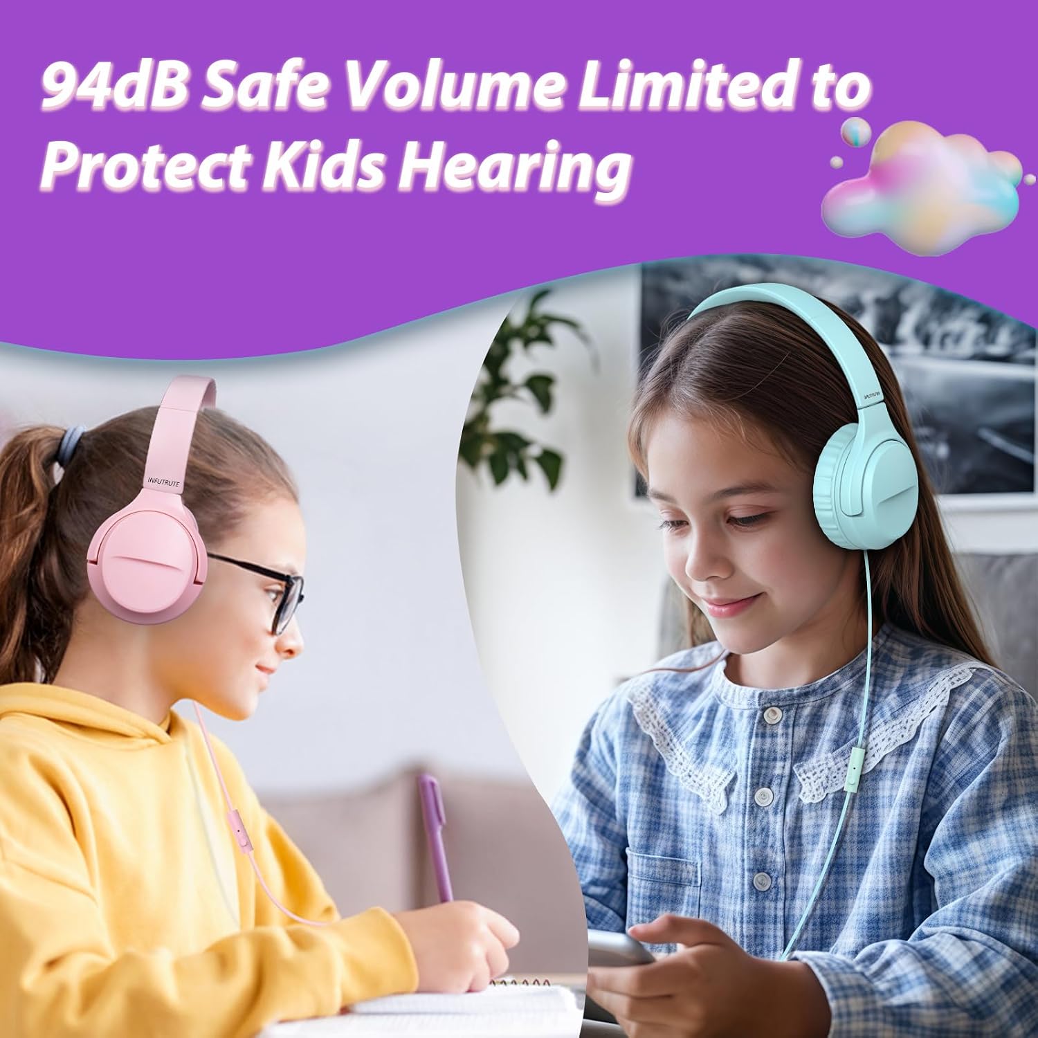 INFURTURE USB C Headphones Kids for School Kids Headphones 2 Pack, Wired Headphone for Boys Girls with Safe Limiter 94dB,HD Stereo Sound,Foldable On/Over Ear Headsets for/Tablet/School/Travel-2 Packs