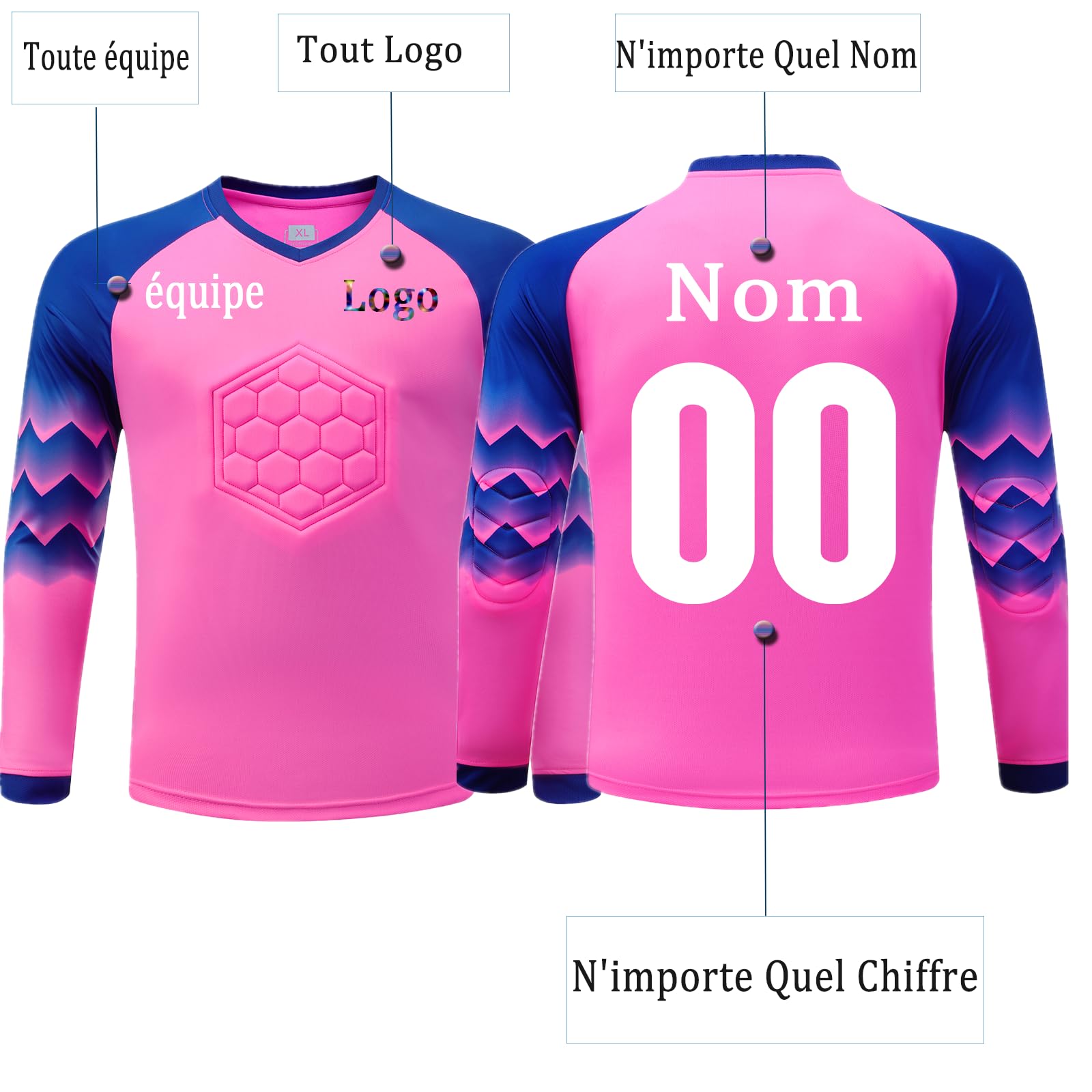 OPUTWDF Maillot Gardien de But Personnalisé pour Enfants et Adultes, Unisex, Rose, Manche Longue, Coupe Ajustée, Rembourrage, Football