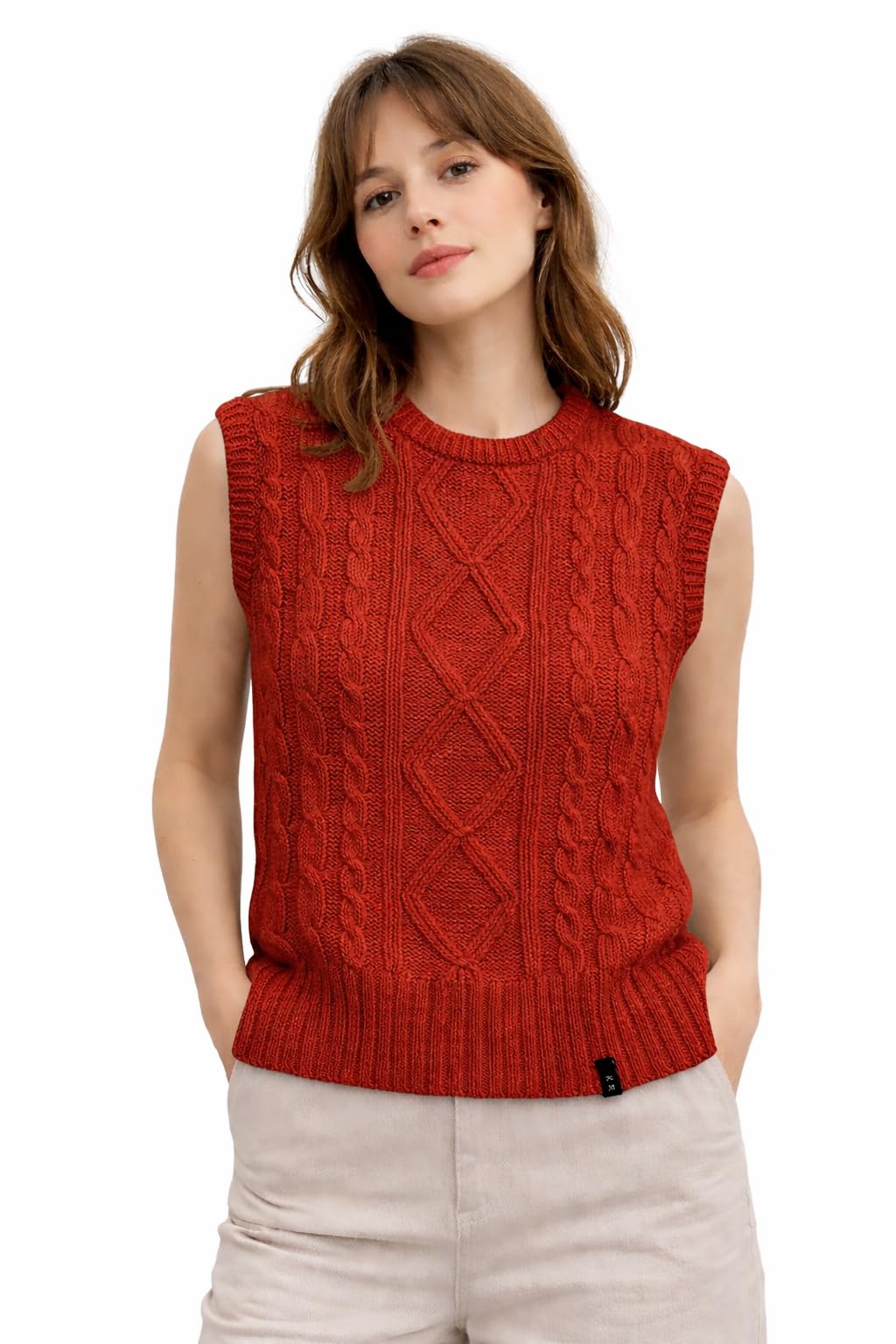 Women Cable Knit Sleeveless Sweater Vest | Round Neck Diamond Pattern | Soft Warm Acrylic Winter Wear with Ribbed Hem for Ladies & Girls Rust Red
