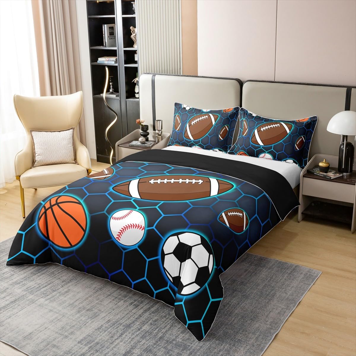Sport Theme 100% Cotton Duvet Cover Twin Size,Blue Geometric Hexagon Ball Gaming Comforter Cover with 1 Pillowcase,Rugby Softball Basketball Print Soft Bedding Set for Kids Bedroom Decor,All Season