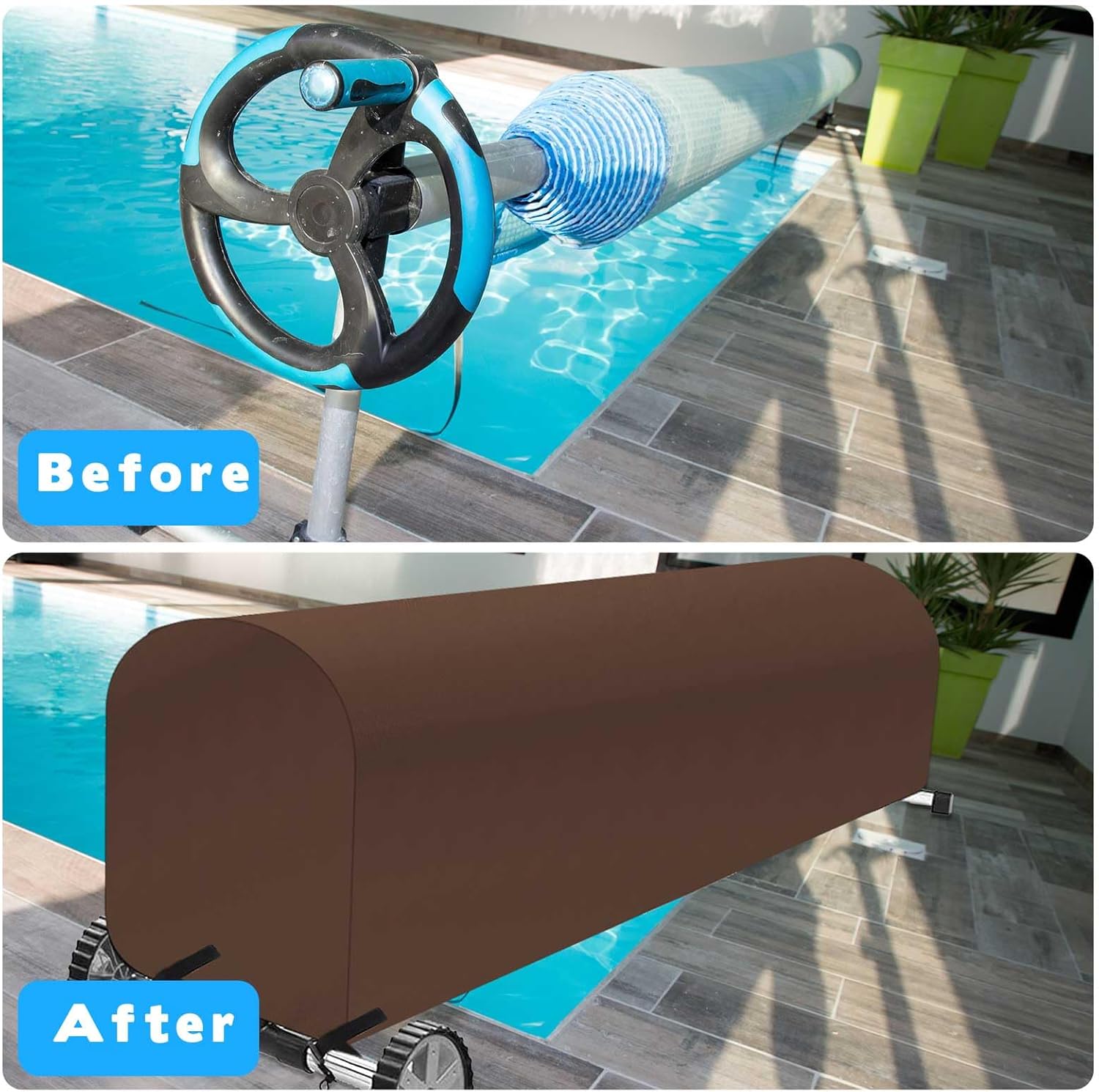 Woanger Heavy Duty Pool Solar Reel Cover Waterproof UV Resistant Inground Swimming Pool Solar Reel Roller Blanket(20 Ft,Coffee)