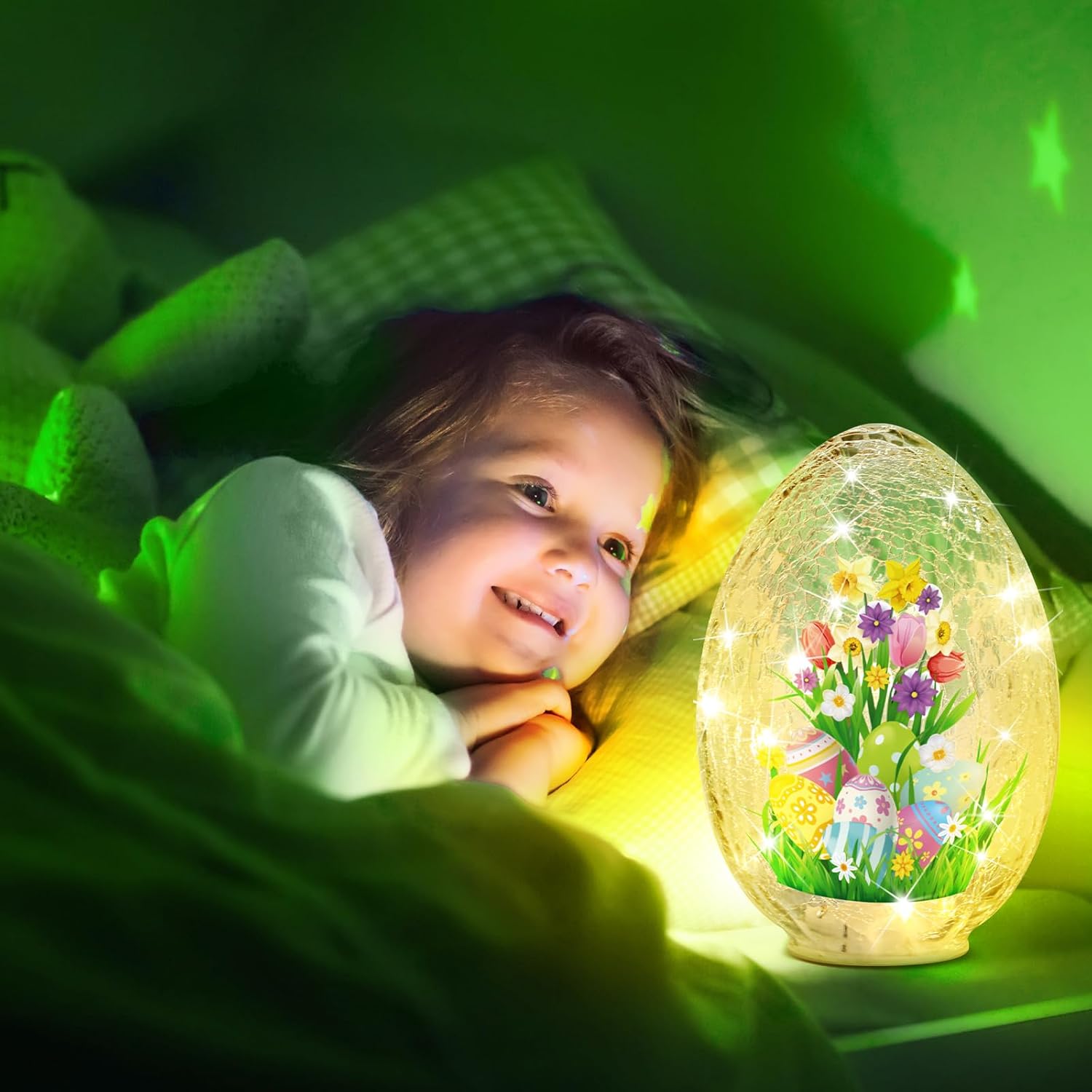 5.75 x 5.25 x 8.25'' Easter Egg Balls Crackle Glass Night Light Illuminated Sphere Glowing Orb Decorative Battery Operated Lamp Festive Home Accent Decorations