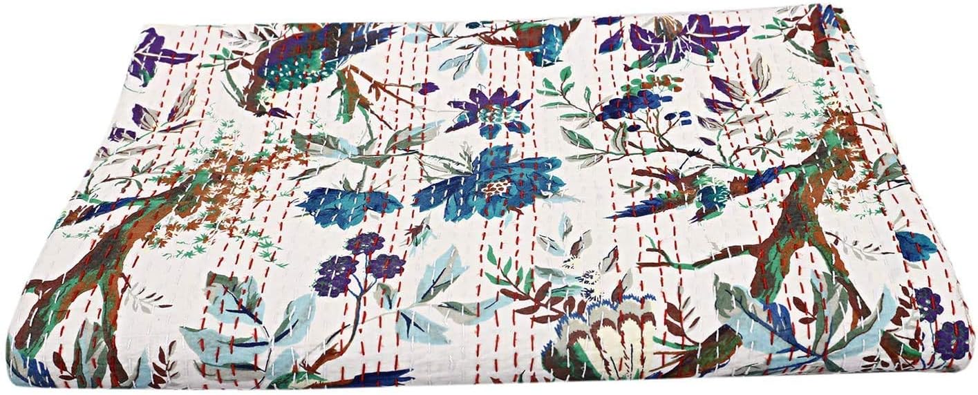Queen/Twin/King Indian Handmade Kantha Quilt, Bird Kantha Bohemian Bedding, Kantha Rallies, Reversible Bedsheet/Bedspread. Home Decor Quilting Kantha Quilt (60X90 inch)