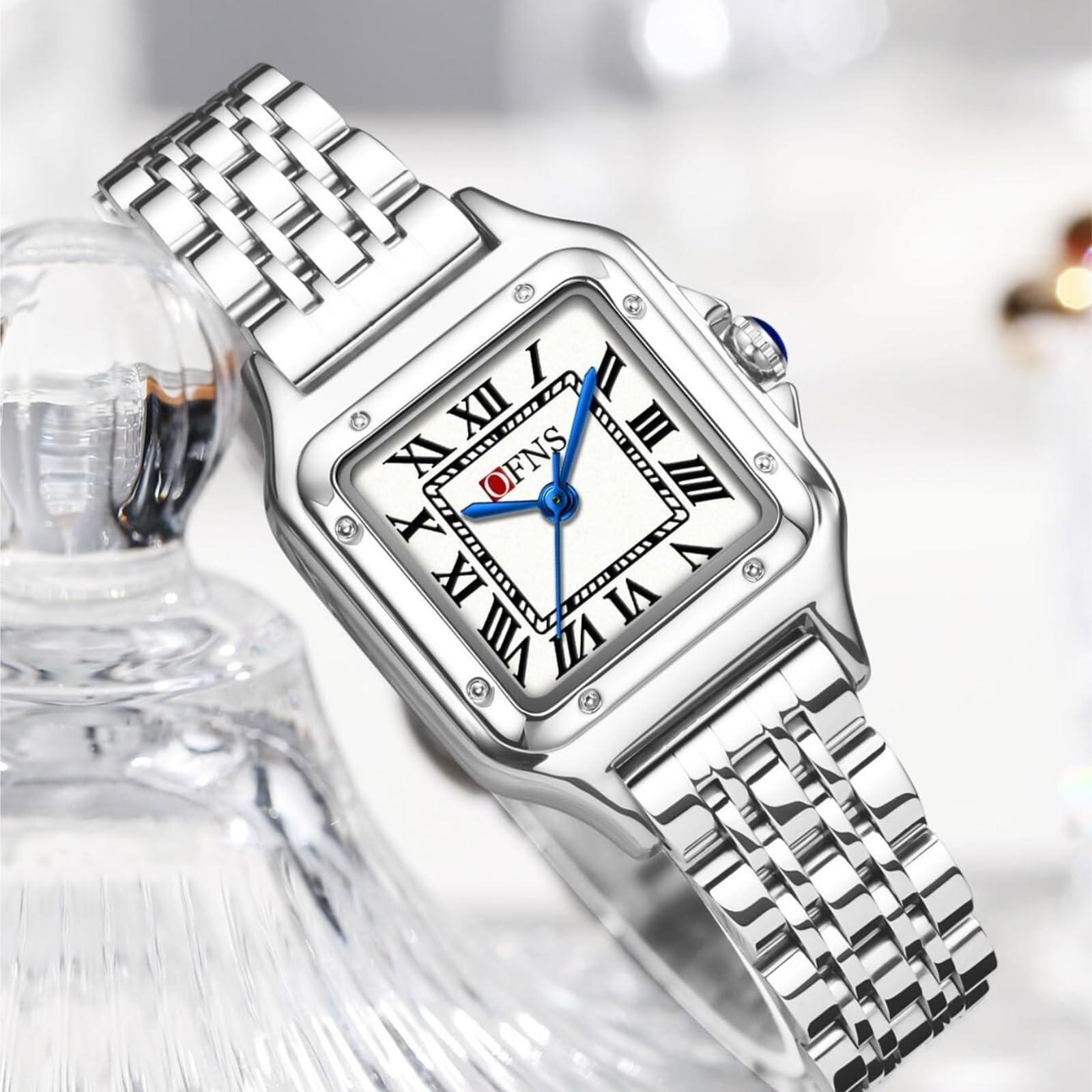 Montre à quartz analogique classique carrée, facile à lire, avec bracelet d'extension en acier inoxydable, cadran romain pour homme et femme