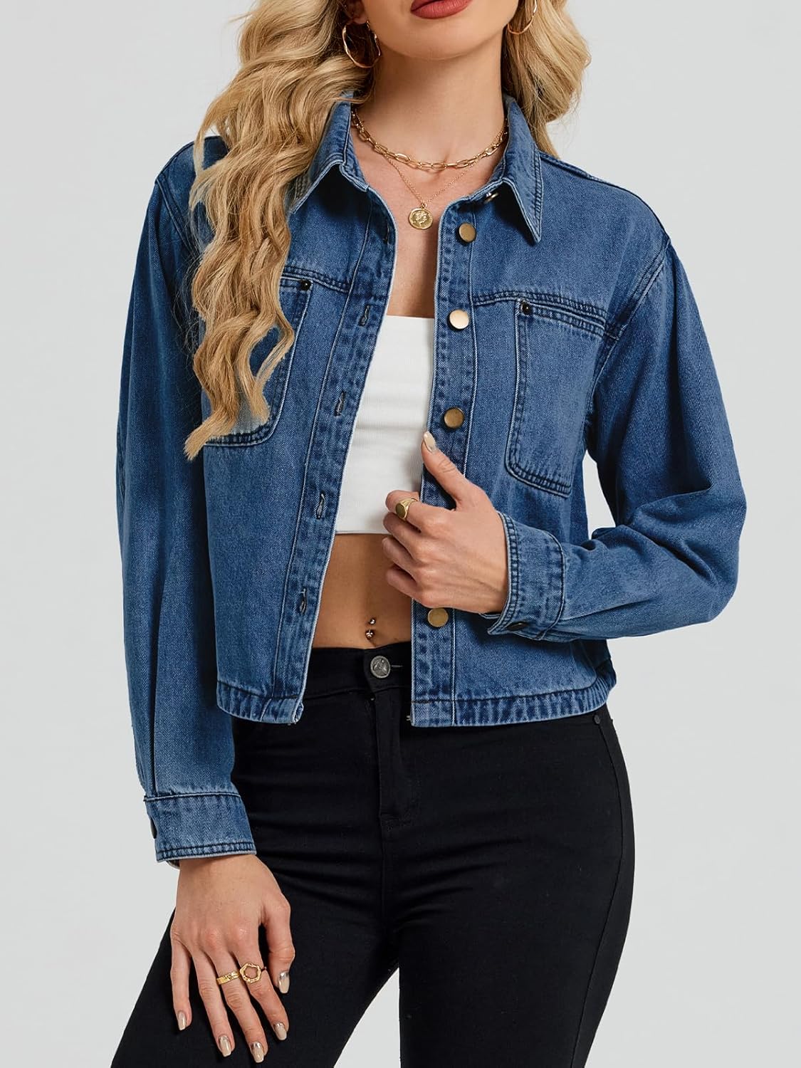 Denim Jacket Women Long Sleeve Cropped Jean Shirt Jackets Lightweight Button Down Casual Shacket Shirts with Pockets - Image 2