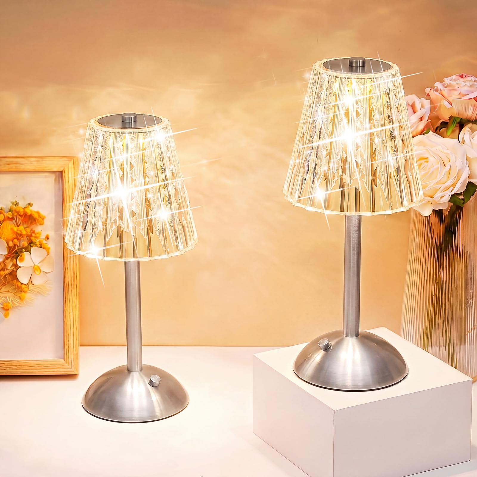 Liliful 2 Pcs Cordless Table Lamp LED Touch, Silver, Classic Style