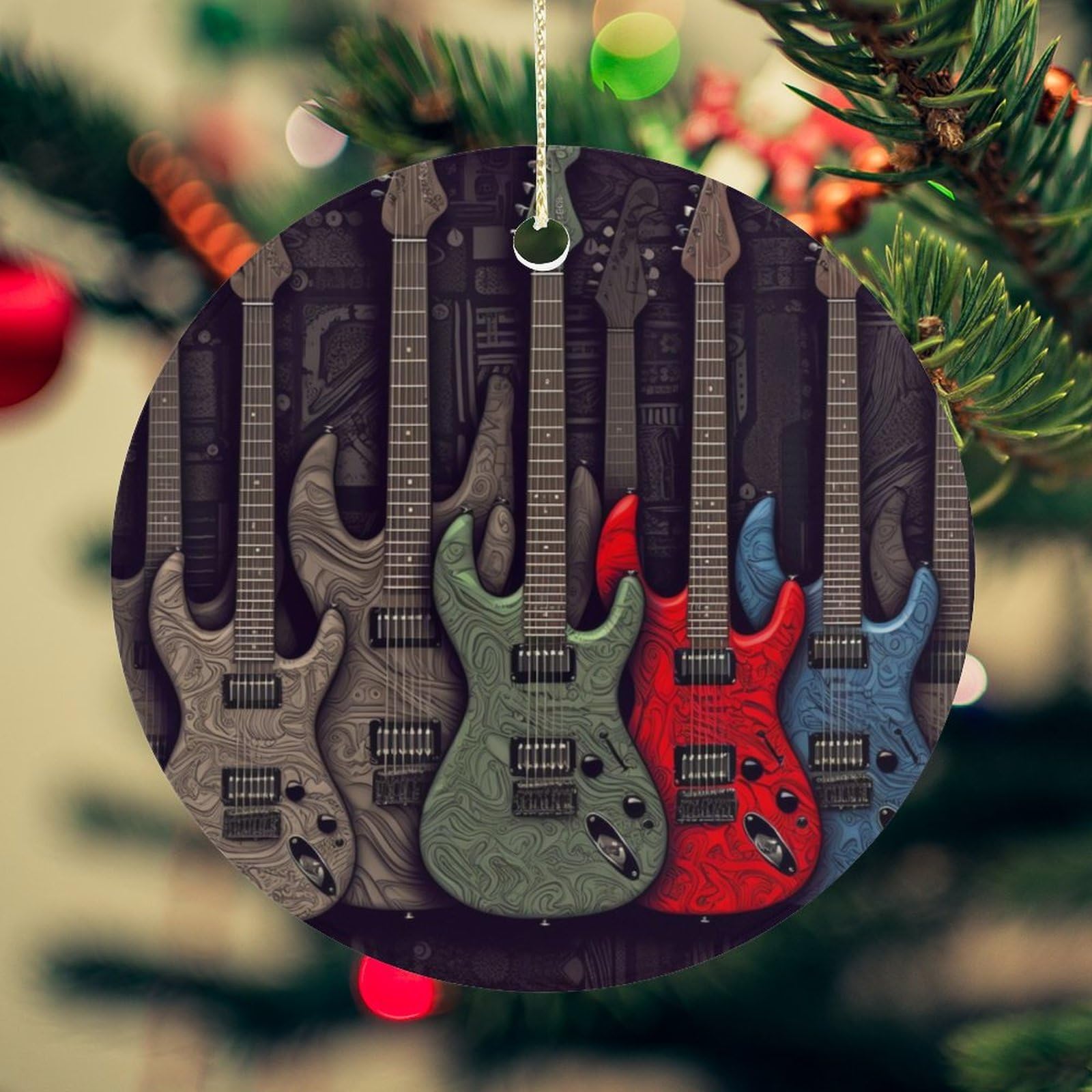Guitar Pattern Christmas Ornament for Christmas Tree Ceramic Round Ornament Winter Holiday Keepsake Gift 2.7" Christmas Tree Hanging Decorations Circle Ceramic Pendant Xmas Gift