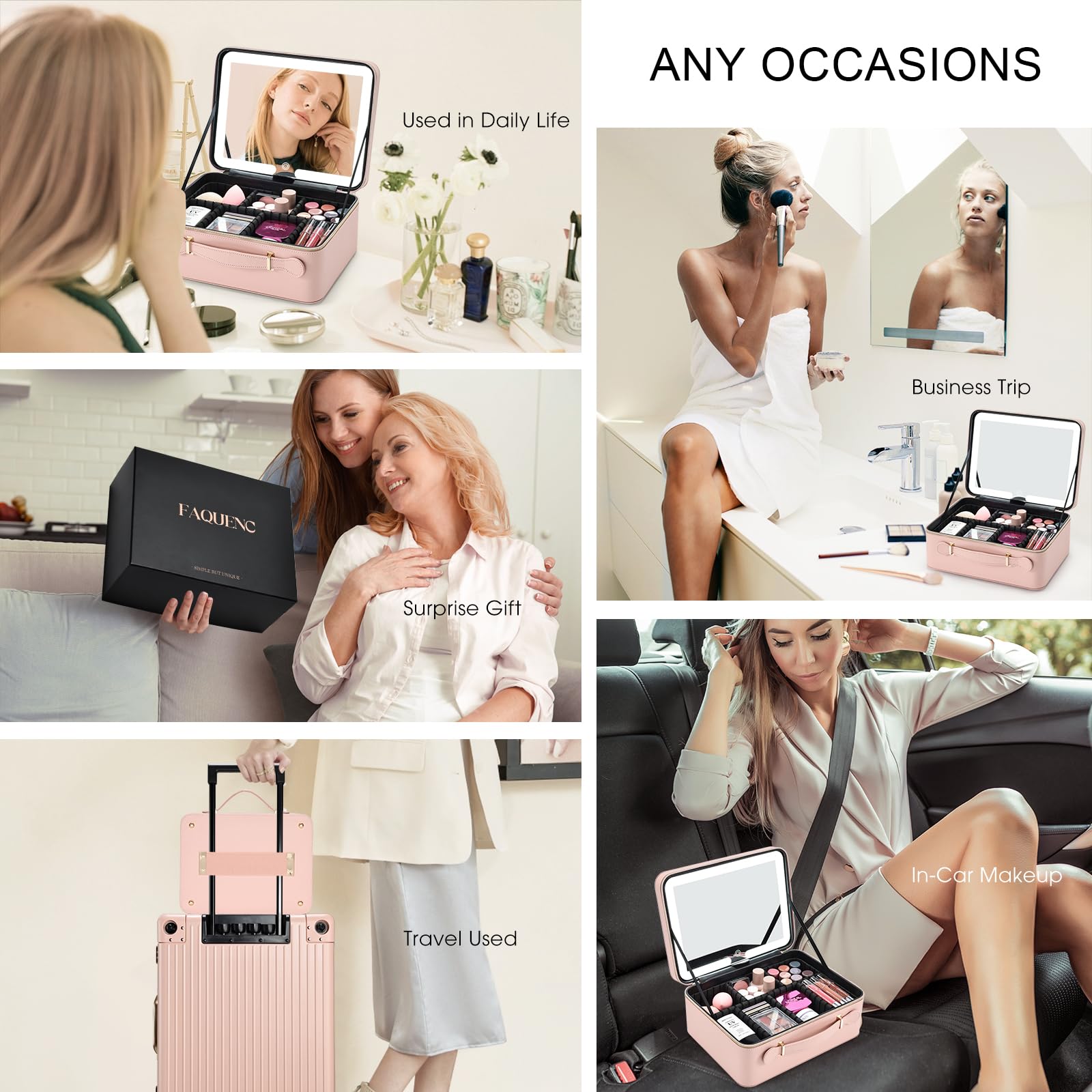 Grande trousse de maquillage avec miroir LED - Miroir lumineux amovible - En cuir synthétique - Portable - Boîte de transport avec séparateurs et porte-pinceaux de maquillage, rose, Classique