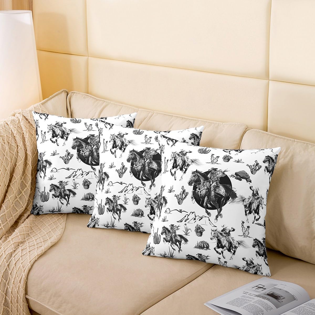 Western Pillow Covers for Couch Sofa Bed,Vintage Country Decor Cowboy Horse Pillow Cases Cushion Covers 24"x24" Set of 2,Black White Print Desert Cactus Square Cushion Cases Set for Bedroom