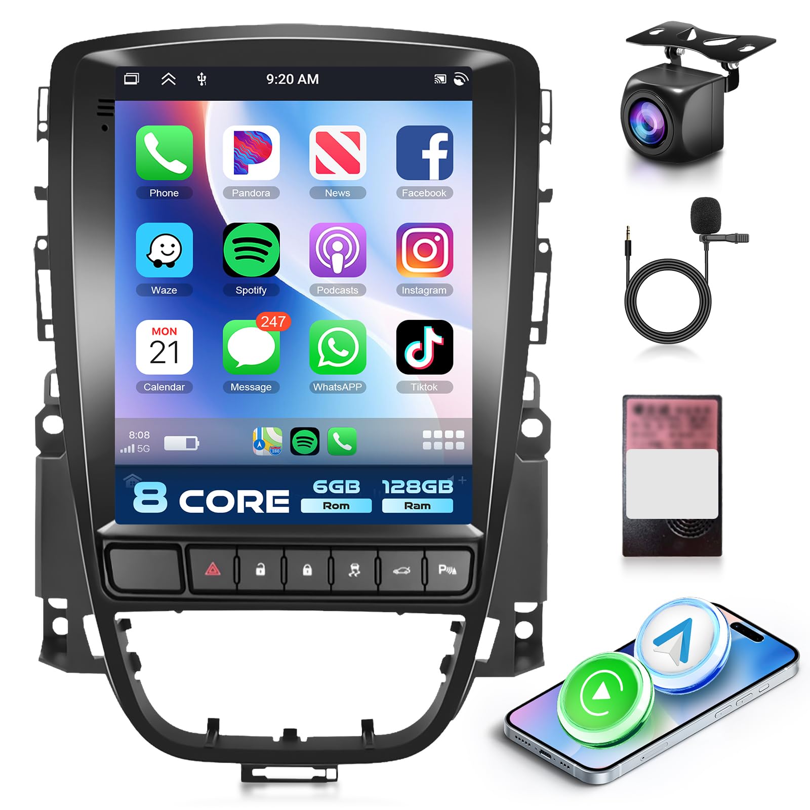 [8 Core 6+128G] Android 15 Radio Coche para Opel Astra J 2009-2016 9.7" Pantalla con Carplay Android Auto Inalámbrico FM/RDS/EQ GPS WiFi Mirror Link Bluetooth Controles del Volante Cámara Trasera