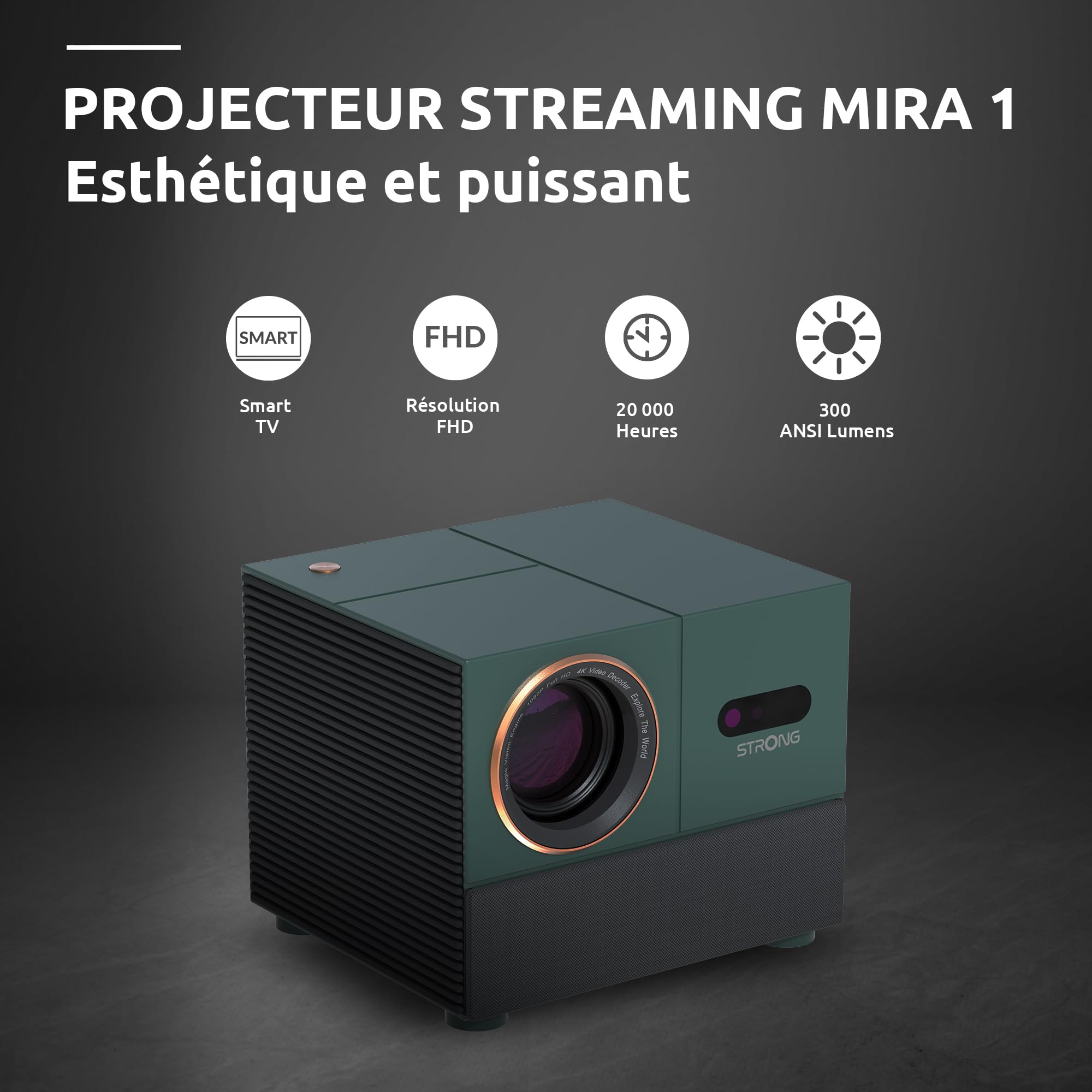 Strong MIRA1 Videoprojecteur 4K Google TV, Auto Focus/Keystone | Wi-FI Bluetooth, Natif 1080P, Mini Projecteur Video Portable Extérieur pour iOS/Android/Cinéma Maison - Vert