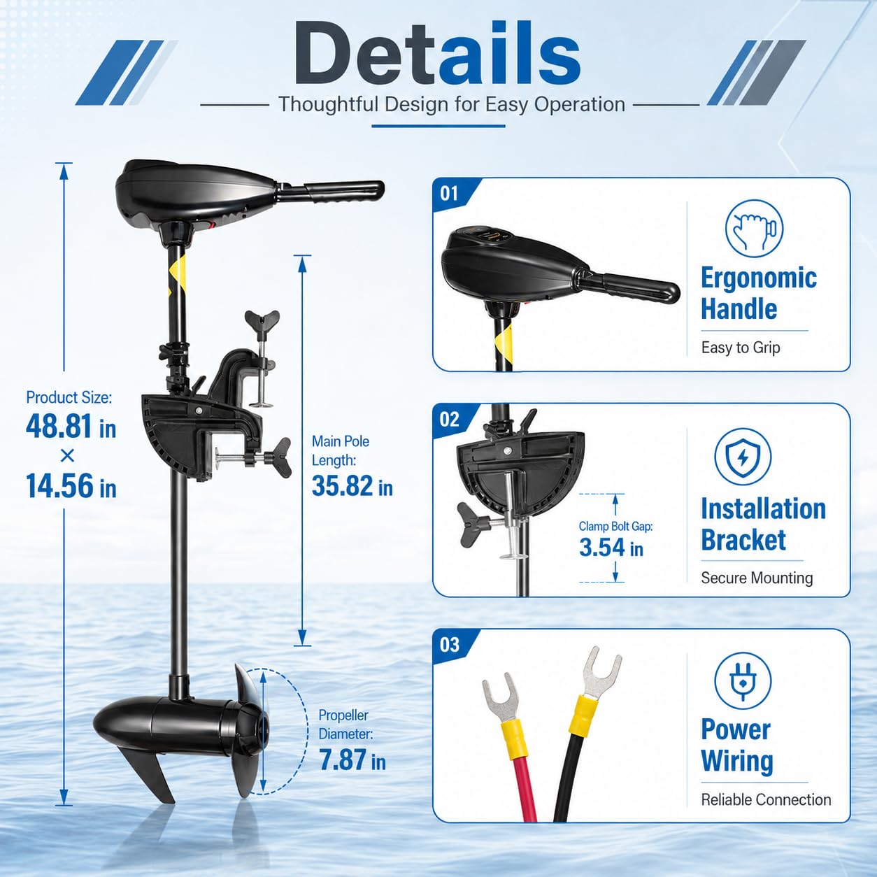 Elektro Außenborder 55 lbs, 12V, 5 Vorwärts-/3 Rückwärtsgänge | 626 W Kupfermotor | 5/3 Gänge | Batterieanzeige | Teleskopgriff 45-56 cm | Klemmhalterung | Schutzring-Propeller