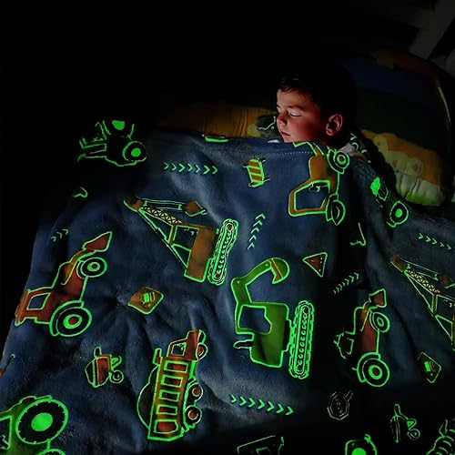 Juguetes de excavadora para niños  Mantas de tractor que brillan en la oscuridad, manta de camión de construcción de excavadora para niños pequeños,