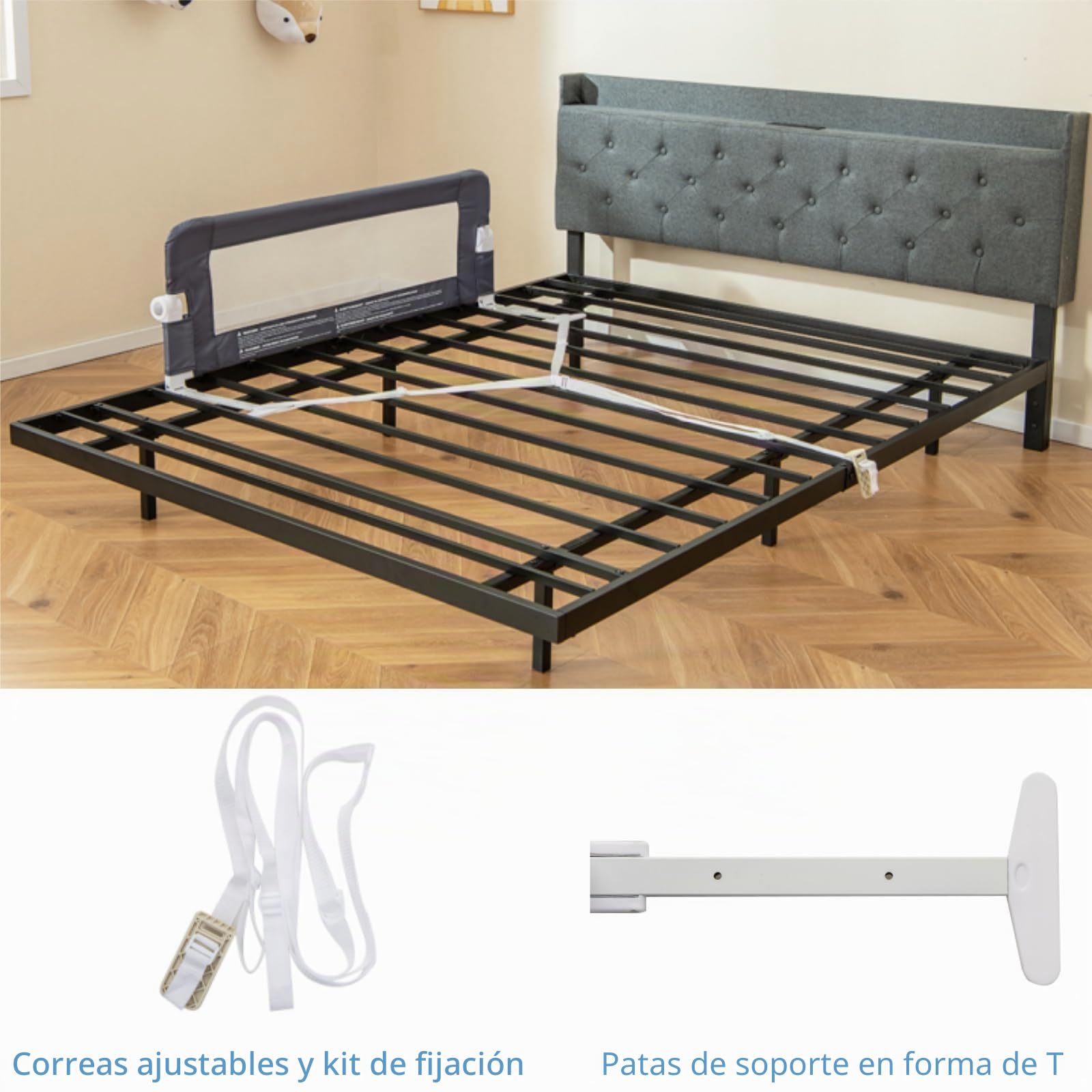 LIFEZEAL Barrera de Cama Plegable, Barrera de Seguridad Infantil, Barandilla para Bebé de Tela Oxford y PP, 120 x 42,5 cm, protección para caídas Infantil (Gris)