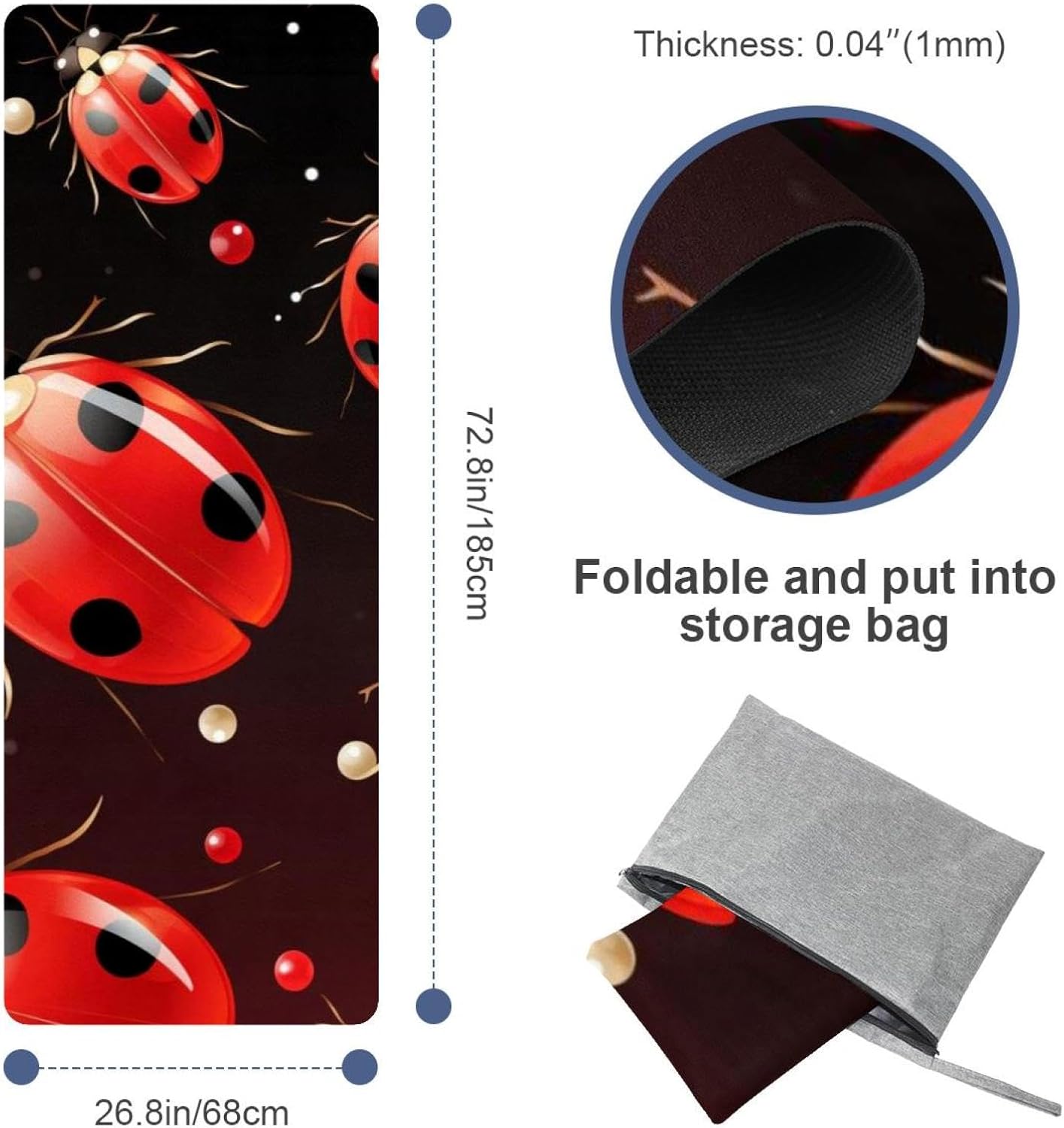 Yoga Towel, Ladybug Pattern Non Slip Sweat Absorbent Hot Yoga Mat Towel for Hot Yoga, Pilates and Fitness - 72.8" x 26.8"