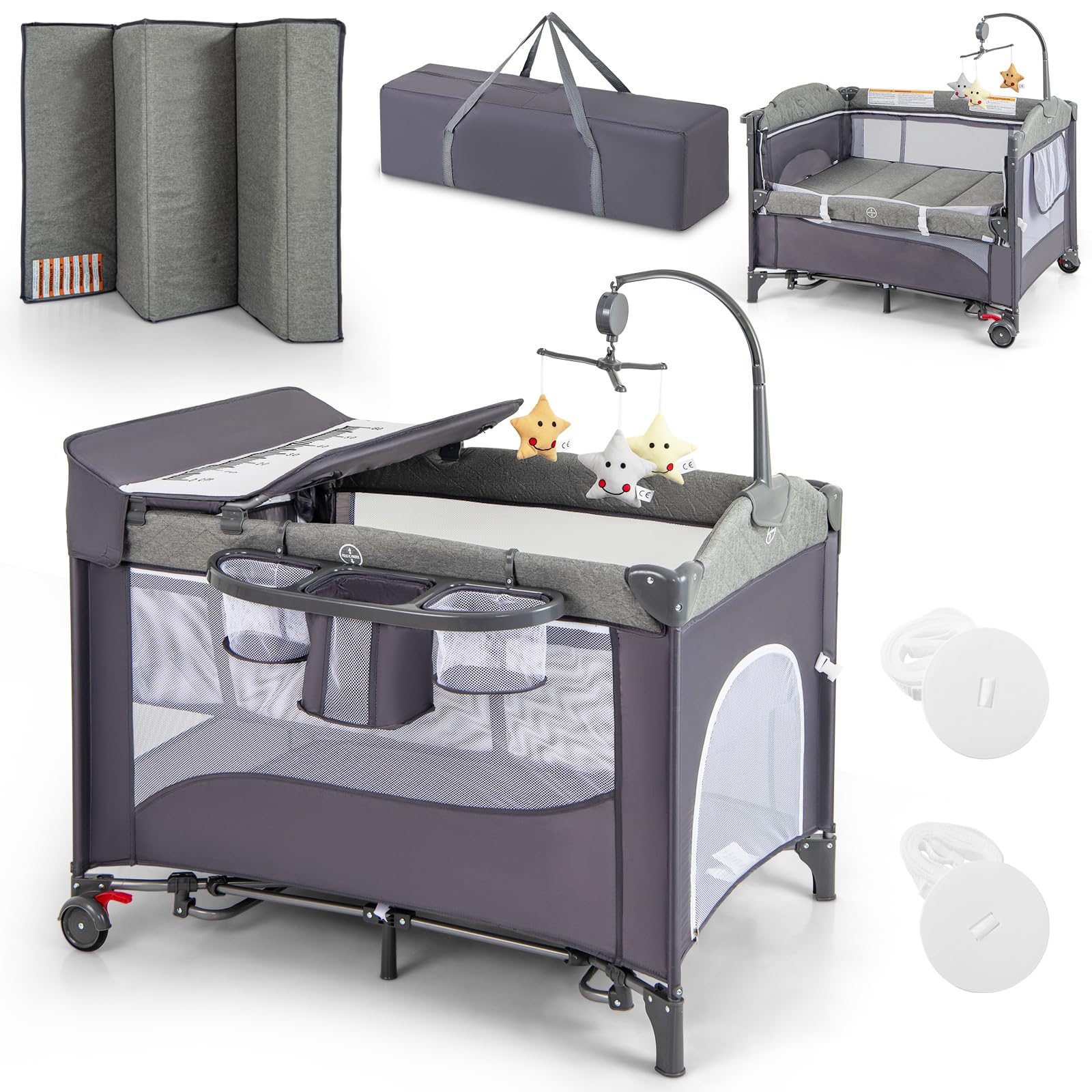LIFEZEAL 5 in 1 Lettino Neonato Pieghevole 112x82x82cm, Culla Co-sleeping per Bimbo 0-3 Anni Traspirante con Materasso e Borsa per Trasporto, Lettino da Campeggio con Fasciatoio e Cintura