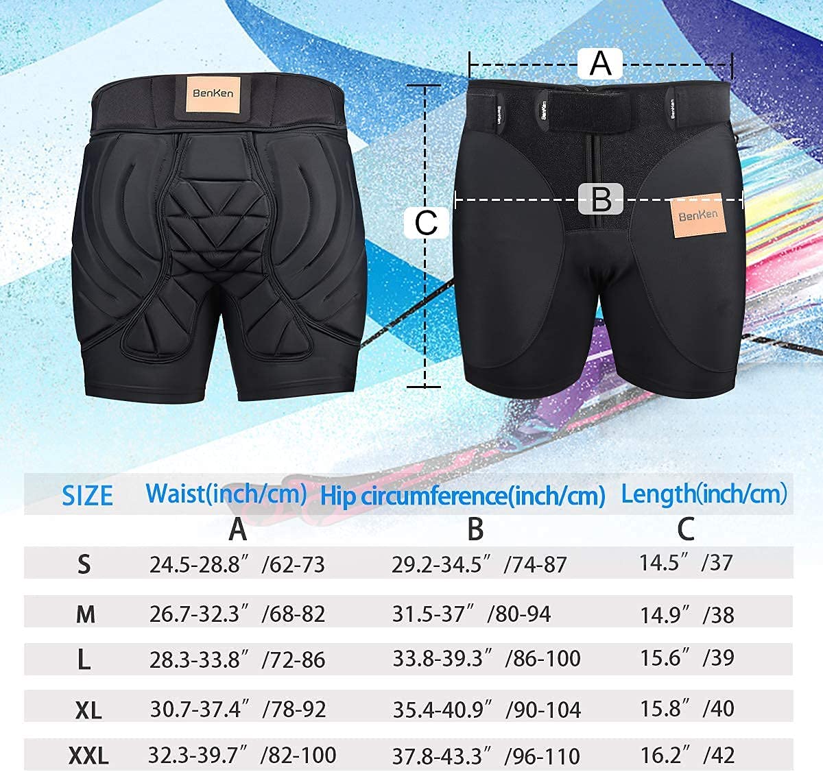 BENKEN Skiing Protective Padded Shorts spodnie kobiety mężczyźni ochrona 3D Hip Butt Guard Pad oddychający materiał odporny na uderzenia na snowboardzie (XL)