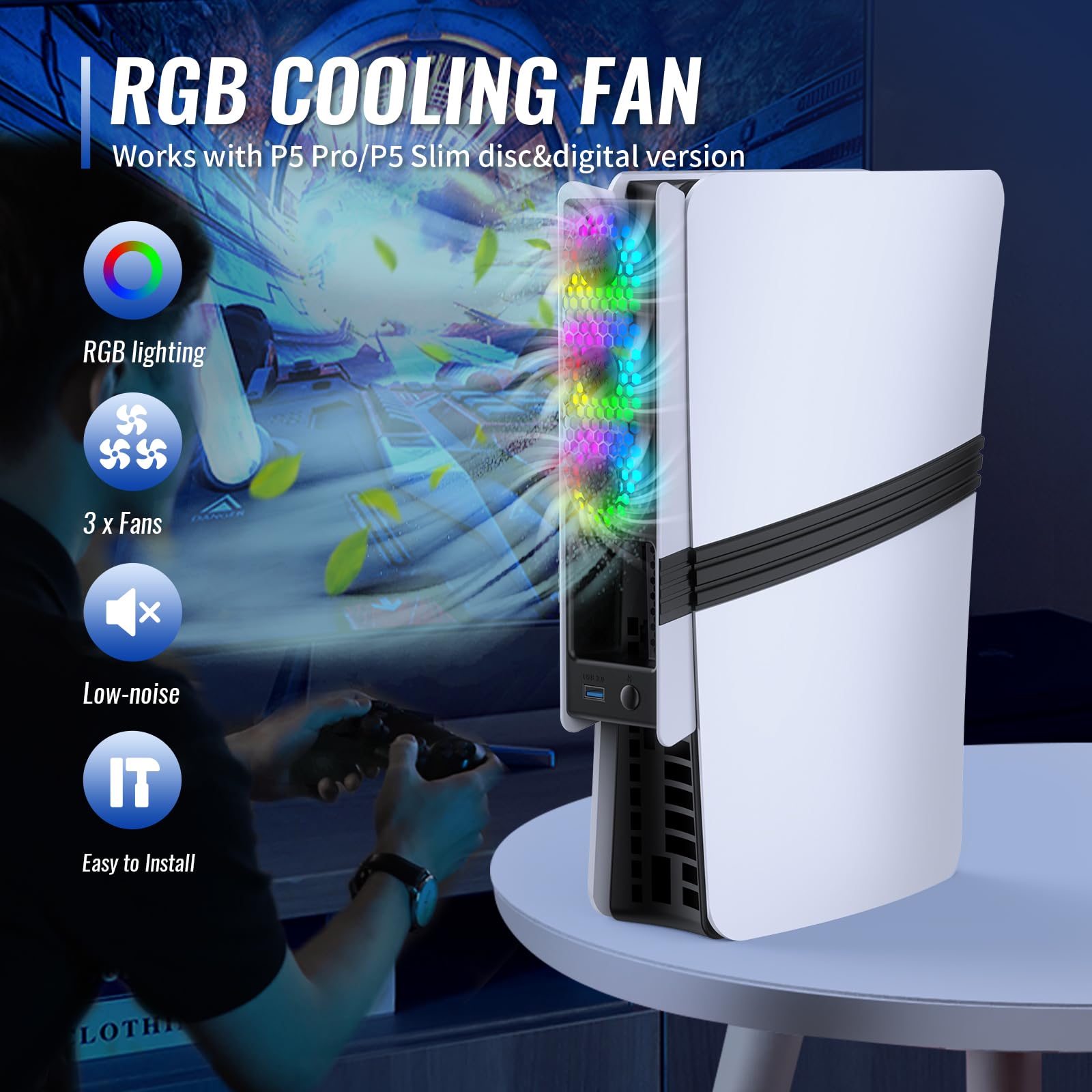 Ventola di raffreddamento RGB per PS5 Pro/PS5 Slim - Controllo automatico della temperatura, 5 modalità di illuminazione, porta USB 3.0, compatibile con Disc & Digital Edition (nero)