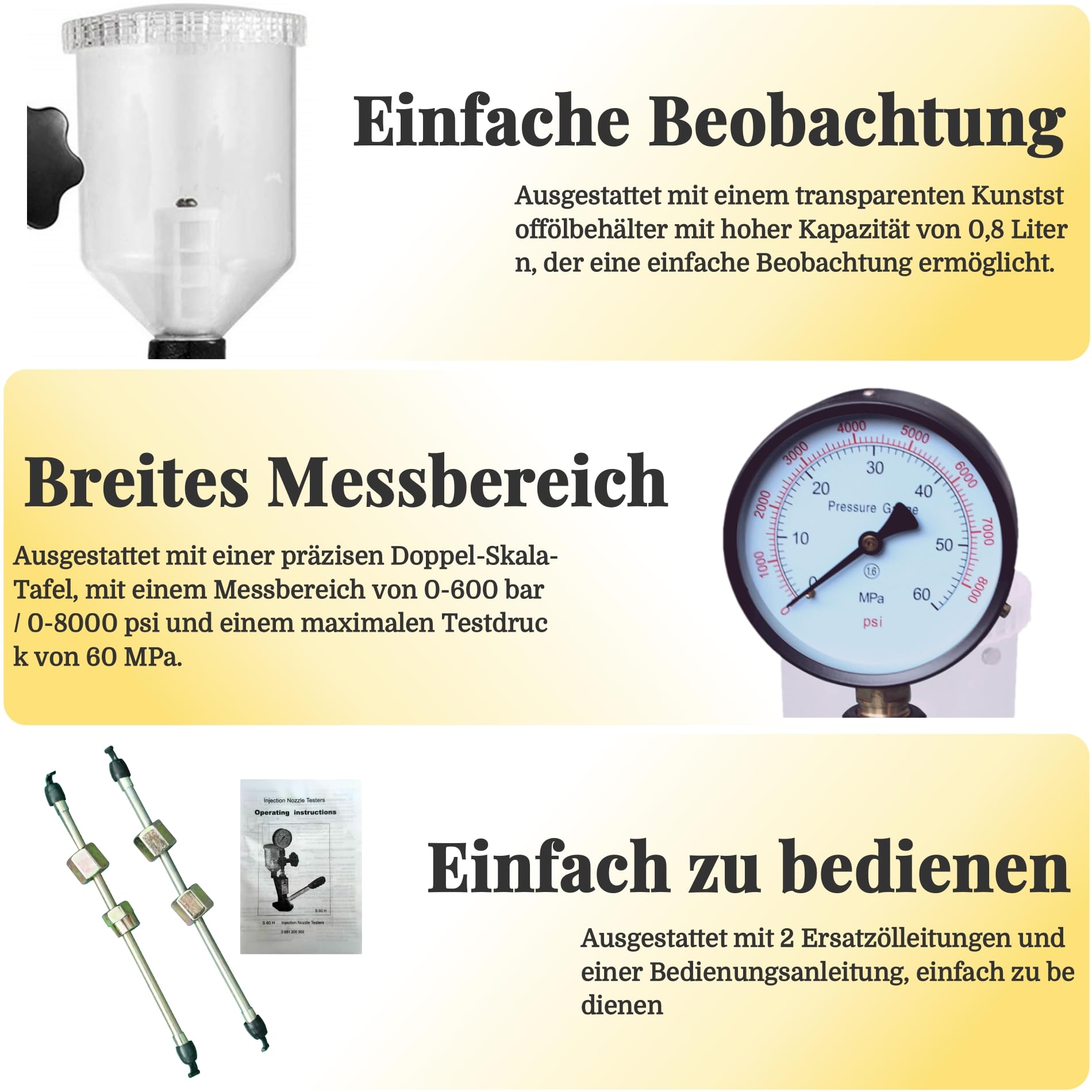 Diesel Einspritzdüsen Tester,Injektor Prüfgerät mit Handhebel,Kalibrieren der Einspritzdüse,mit Manometer 0-600 bar Druck,Einspritzdüse Prüfgeräte mit doppelter Skalierung Injektoren Tester