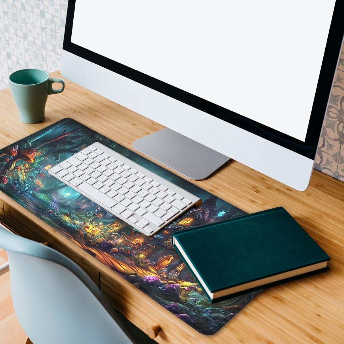 Fantasy Forest Mouse Pad, Enchanted Cottage Mushroom Village Gaming Desk Mat Extended Laptop Keyboard Non-Slip Rubber Base with Stitched Edges for Home, 31.5x11.8in Desk Home Office Gaming image 5