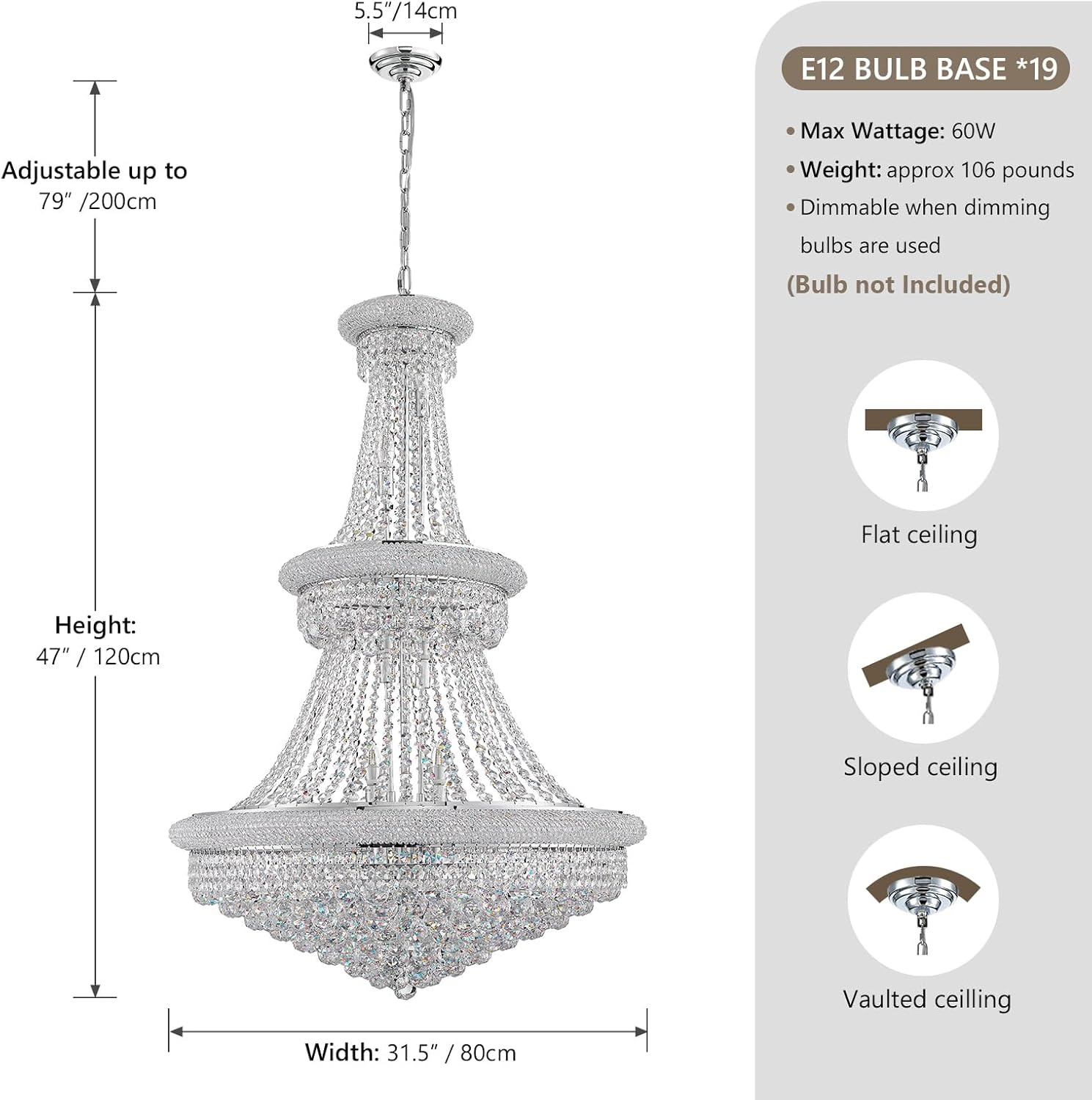 Large Crystal Chandelier Light fixtures - 19-Light High Ceiling Hanging Chandeliers, 3-Layers Luxury Empire Chandeliers for High Ceilings,Entryway,Living Room,Staircase, Foyer (D31.5)