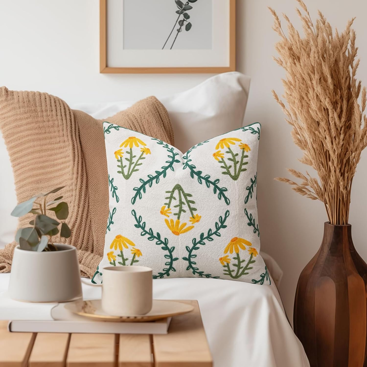 Adabana Embroidered Pillow Cover Set of 2 Farmhouse Decorative Floral Throw Pillow Covers 18x18 inch for Couch Sofa Bed Living Room Decor Green and Yellow