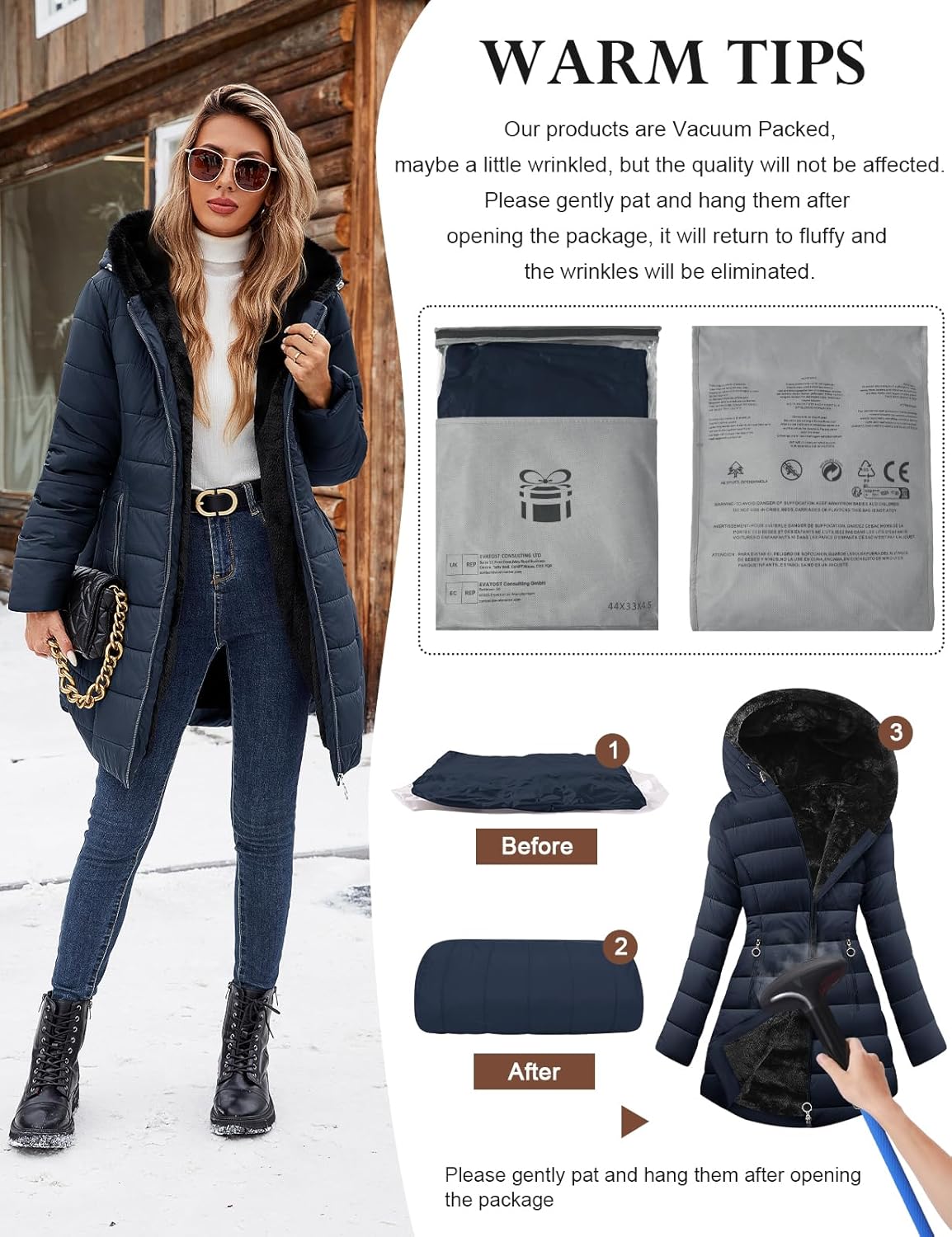 Women's Puffer Coat Winter Long Quilted Jacket Zip Up Fleece Lined Down Jacket Windproof Warm Thicken Hooded Parka Coat - Image 7