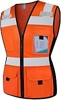 Vista 9 de TCCFCCT Chaleco de seguridad para mujer, chaleco reflectante de malla de 11 bolsillos con cremallera, chaleco de trabajo de construcción de neón