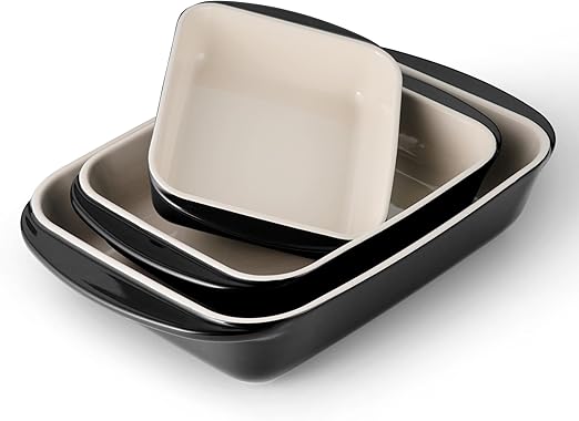 Tramontina Mae 3-Piece Ceramic Porcelain Baking Pans Set, Non Stick Casserole Dishes for Oven, Rectangular Bakeware for Lasagna, Cakes and Loafs (Black)