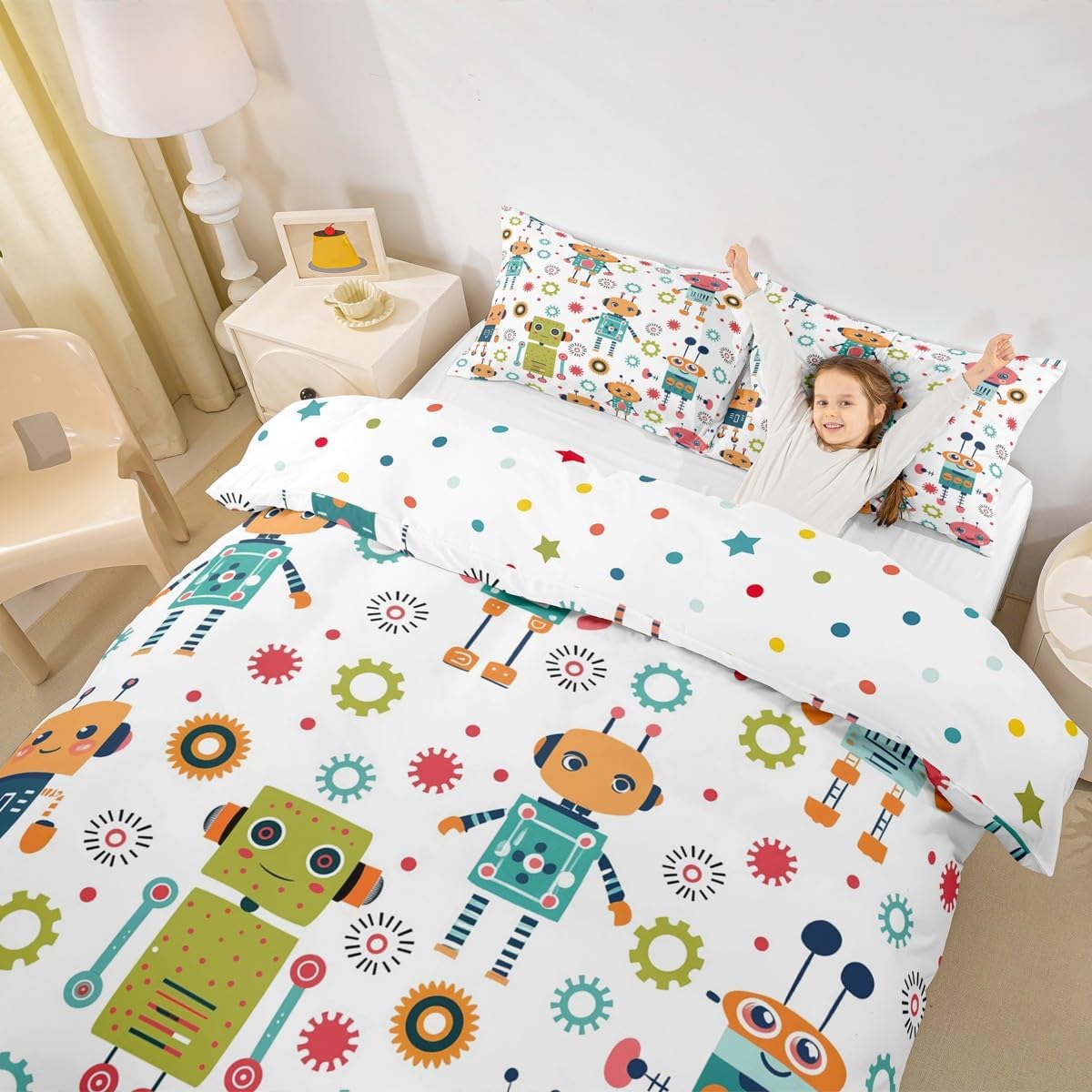 Cute Robot Duvet Cover Set Toddler Size,Cartoon Modern Colorful Reversible Quilt Cover for Kids Boys Girls Geometric Square Gear Print Bedding Set with 1 Pillowcase,No Comforter