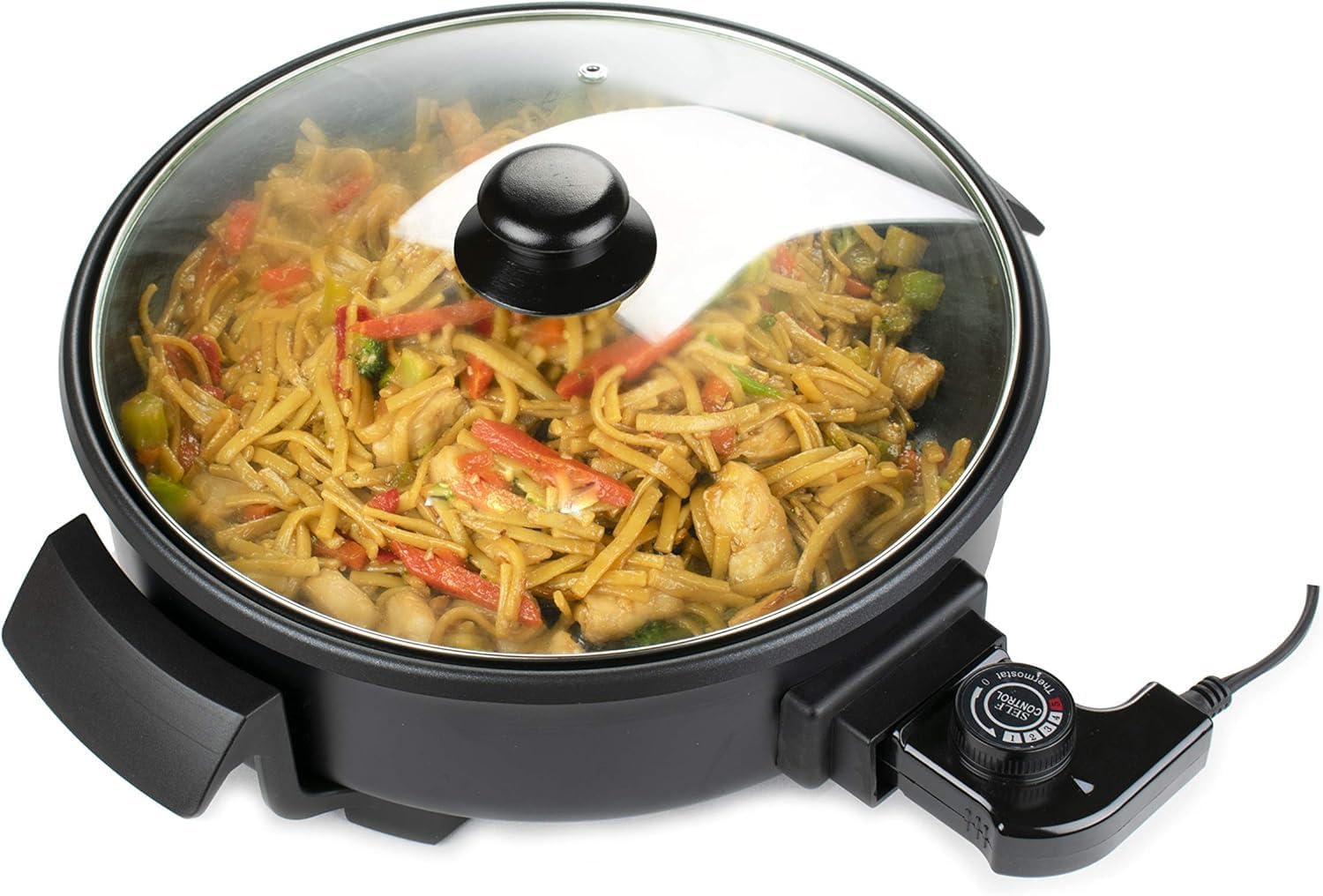 12-Inch Non-Stick Electric Skillet with Adjustable Temperature, Vented Glass Lid & Removable Thermostat – 1400W Round Skillet for Stir Fry in Black