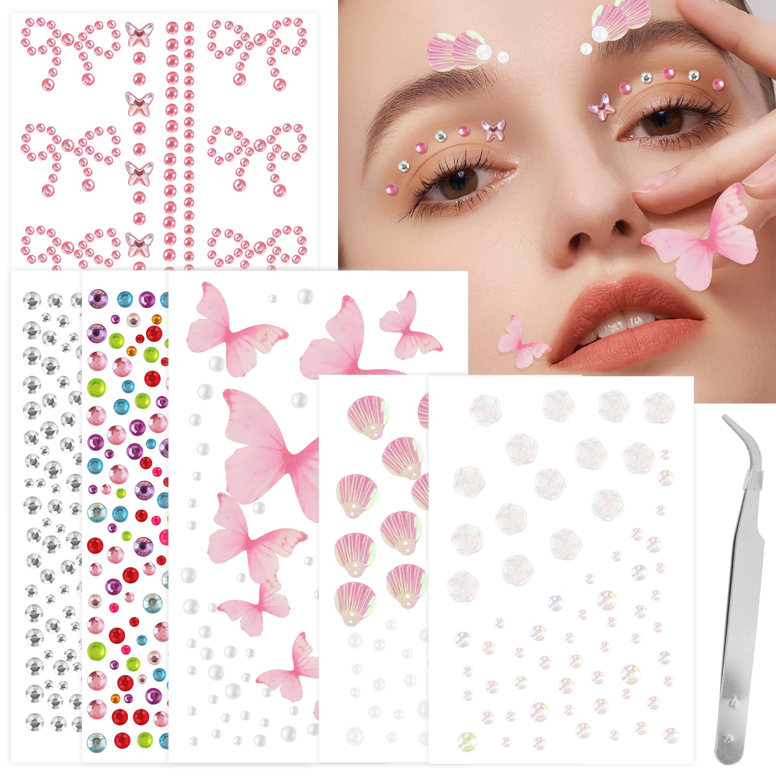 Face Gems Hair Jewels Self Adhesive Rhinestones Shell Pearl Butterfly Fairy Makeup Gem Stickers Halloween Rave Accessories for Women