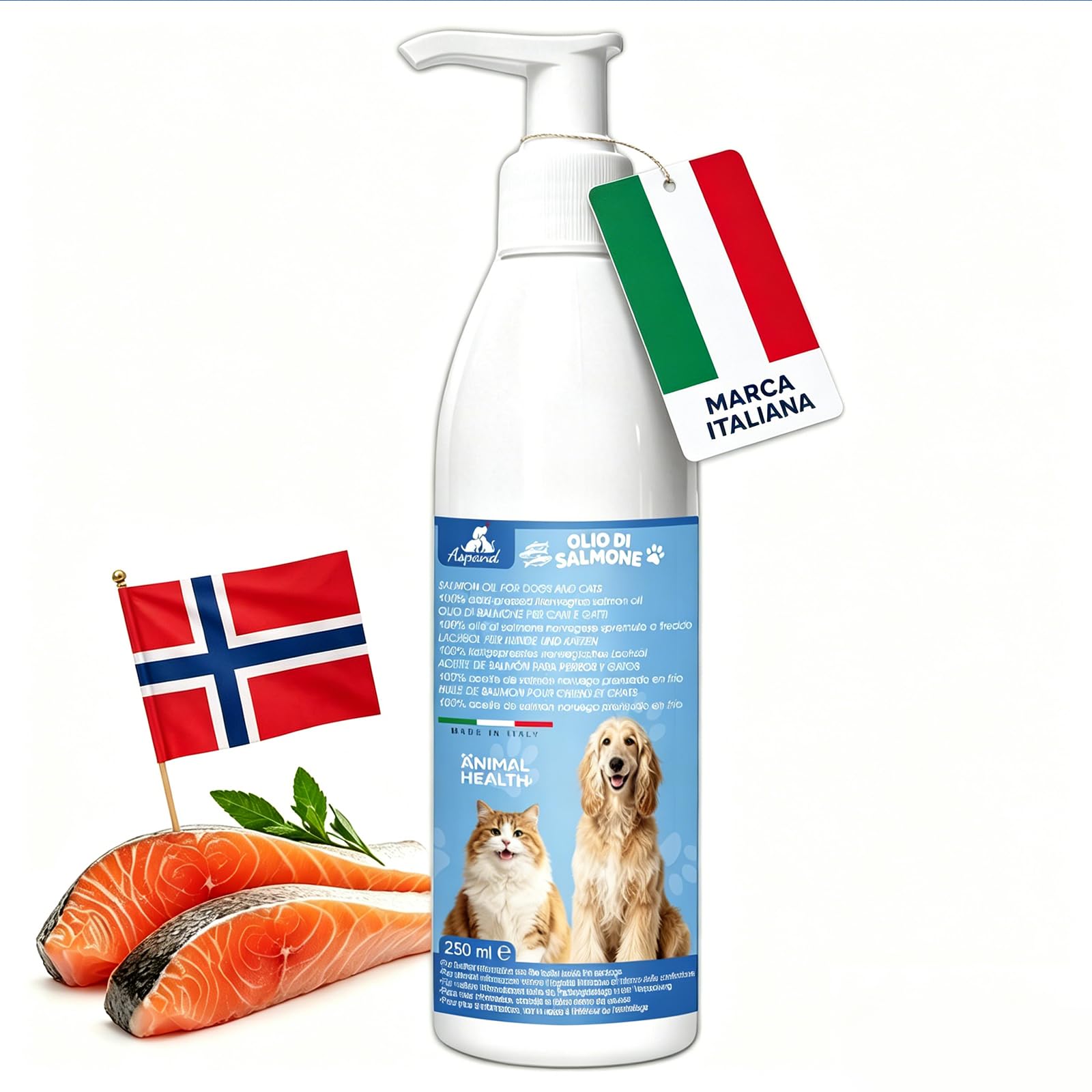 Aspand Olio di Salmone per Cani e Gatti, 100% Norvegese Pressato a Freddo per Articolazioni Fort, Pelle Sana e Rafforza il Sistema Immunitario, Arricchito con Omega 3, EPA, DHA, 250 ml