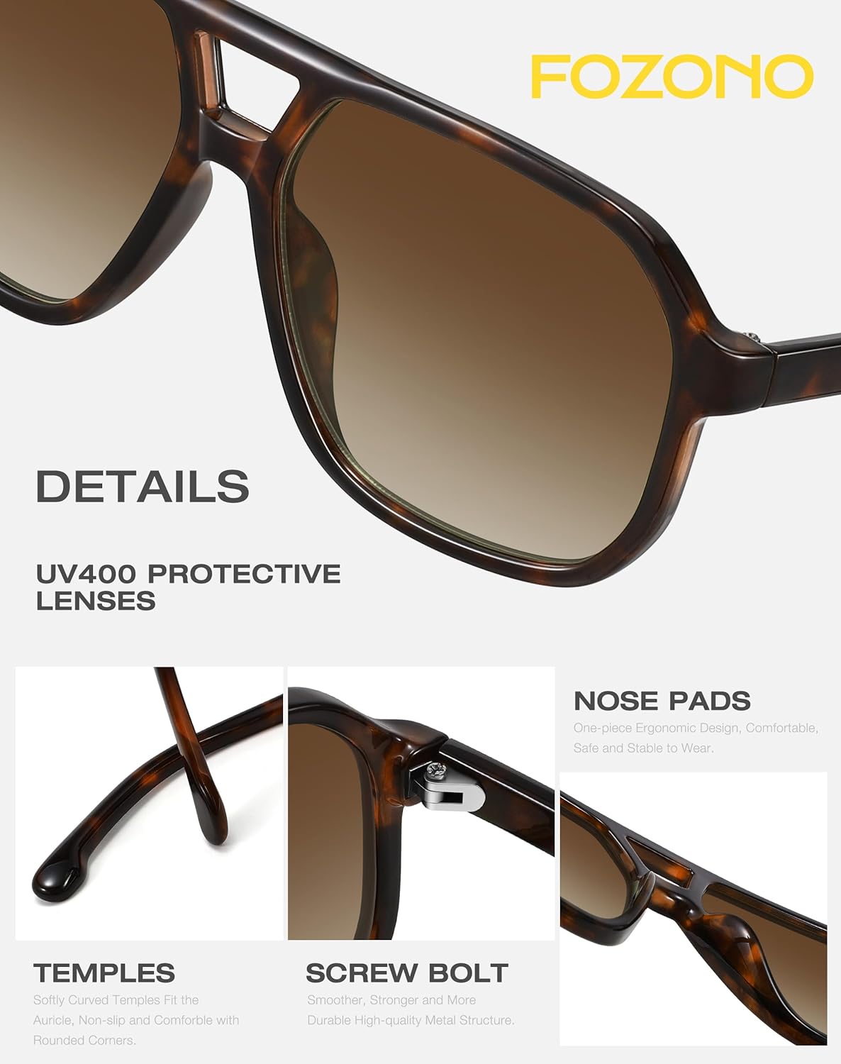 Fozono Oversized Aviator Sunglasses for Women Men - Retro 70s Vintage Square Double Bridge Shades UV Protection - Image 5