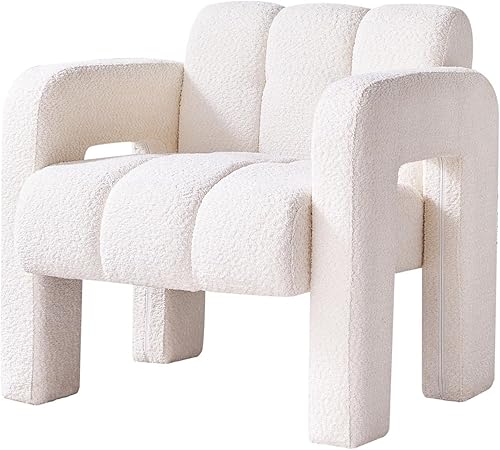 Miniatura 4 de Silla decorativa moderna para sala de estar, silla lateral tapizada de tela de boucle, cómoda y ancha para dormitorio, oficina (beige)