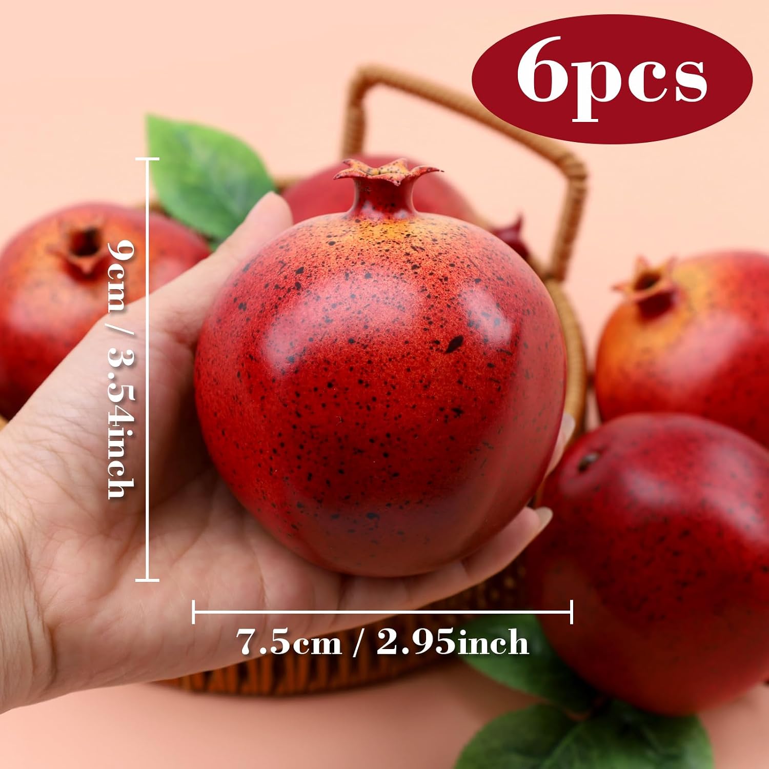 6pcs Fake Pomegranates, Realistic Fake Fruit for Home Decor | Realistic look & size, plastic & foam material, no fade & rot, fruit bowl filler, table centerpiece, photography props
