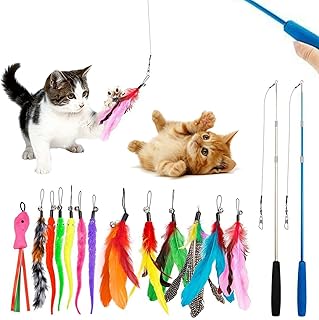 Feather Teaser Cat Toy, 2PCS Retractable Cat Wand Toys and 13PCS Replacement Teaser with Bell Refills, Interactive Catcher Teaser and Exercise Playing Toy for Kitten or Cats