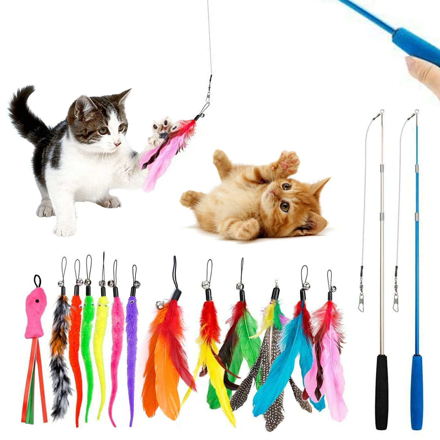 15 PCS Feather Teaser Cat Toy, 2PCS Retractable Cat Wand Toys and 13PCS Replacement Teaser with Bell Refills, Interactive Catcher Teaser and Exercise Playing Toy for Kitten or Cats - 