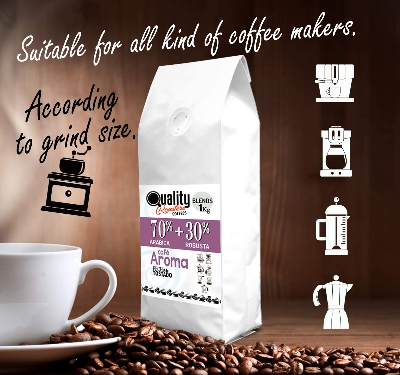 Café en grano natural "Aroma". 70% Arabica + 30% Robusta. Blend. Tostado artesanal. (2 Kg, Tostado clásico)