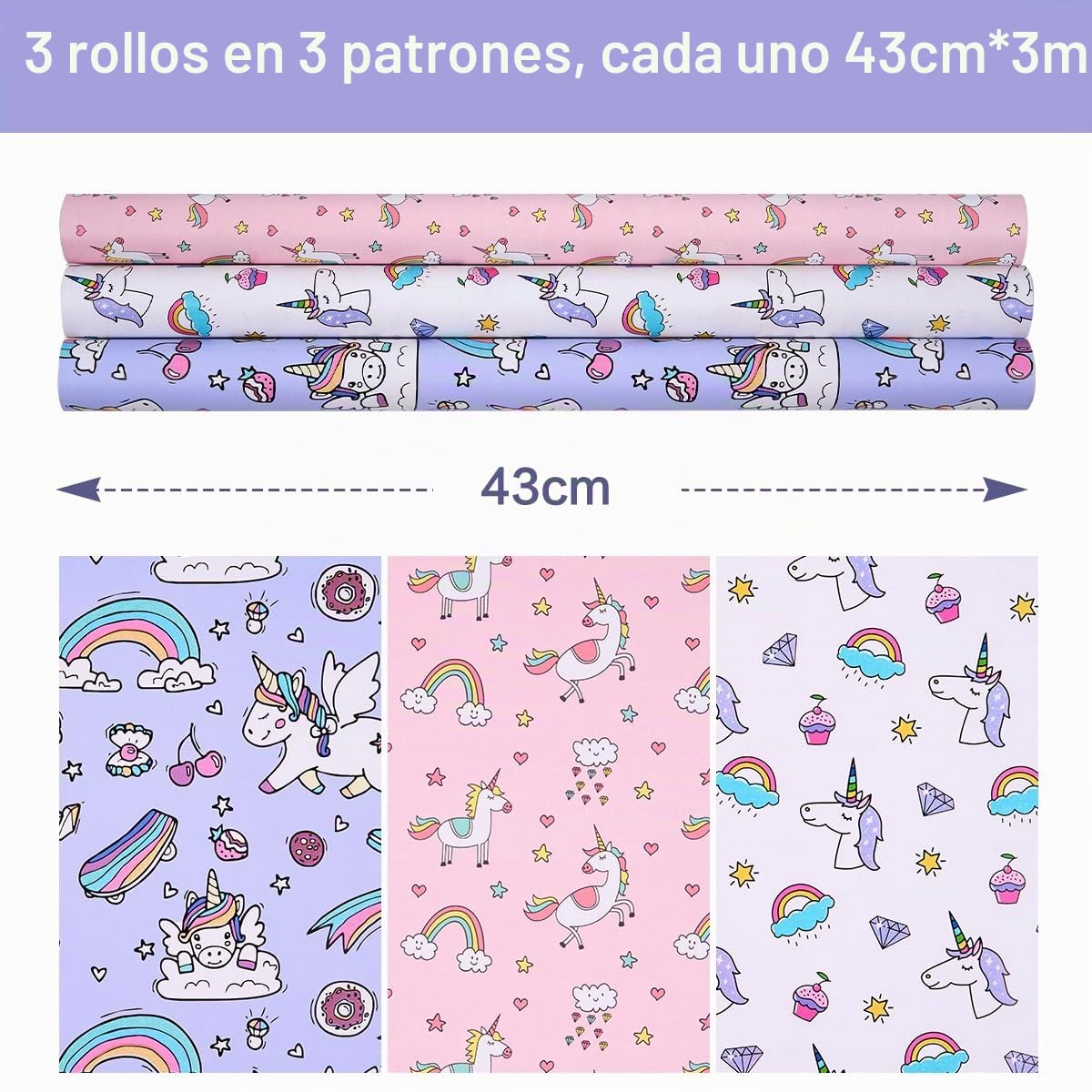 Rollo de Papel para Envolver Regalos de Cumpleaños: 3 Rollos de 43 cm x 3 m con Estampado de Unicornio - Morado, Rosa y Blanco para Envolver Regalos de Cumpleaños Infantiles