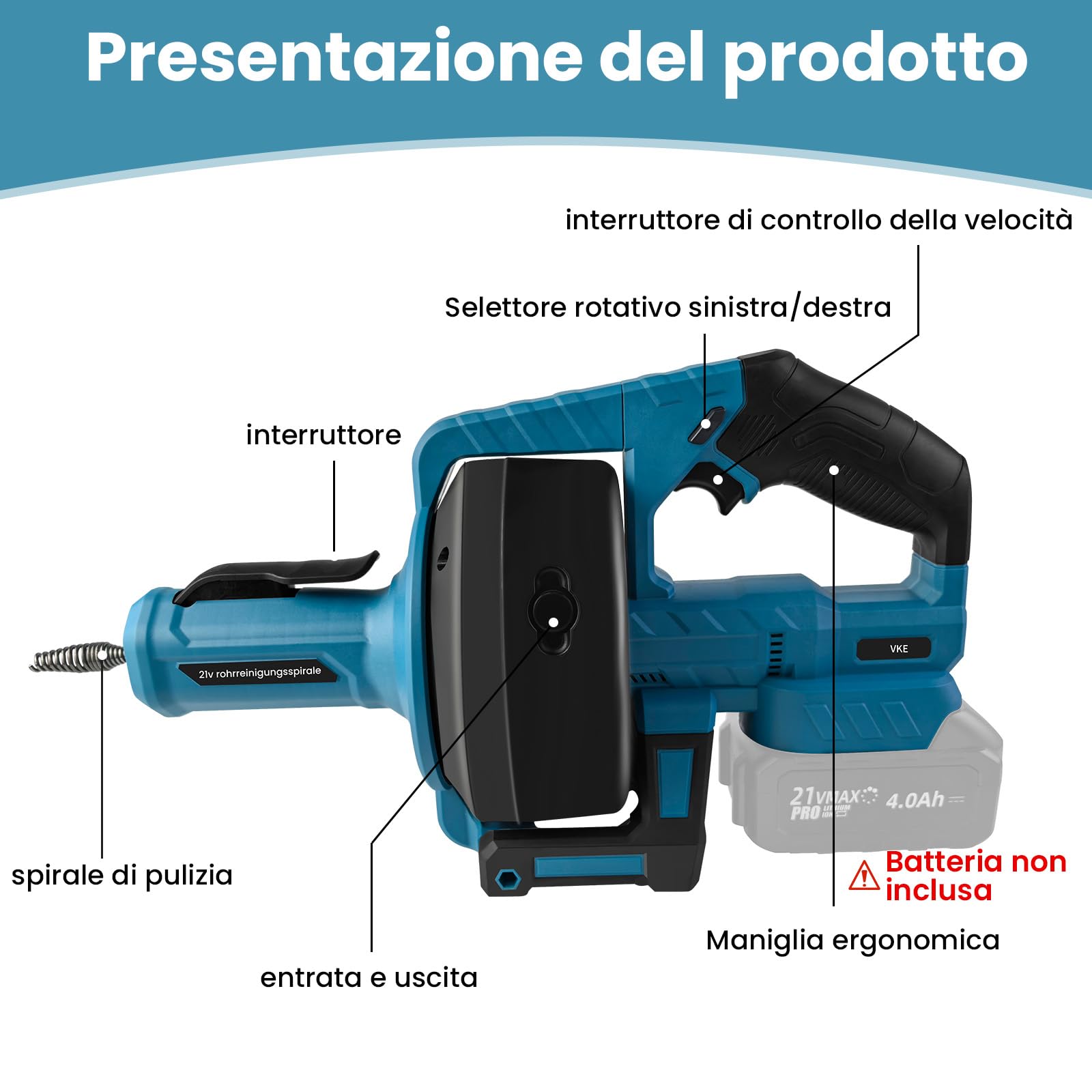 VKE 21V Sturatubi Elettrico, 24FT Sonda Sturatubi, Adatta per Tubi da 20-75 mm, Pulitore di scarico senza fili per fognature, Bagni, WC (Caricabatteria non Incluso)