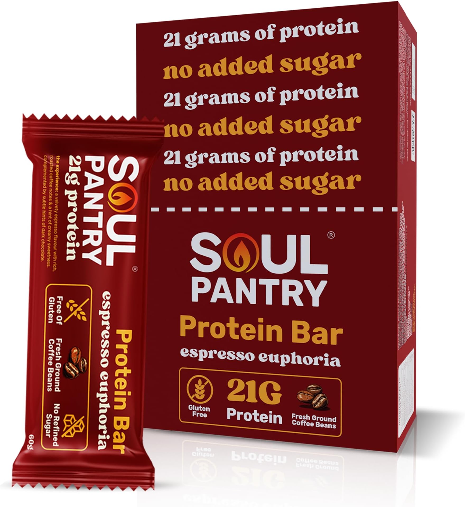 Soul Pantry Espresso Euphoria Protein Bar, 60g × 3 bars | 63g of Protein - No Added Sugar, Gluten-Free - Fresh Coffee, Flax Seeds & Rosemary - Low Carb, High Protein Snack