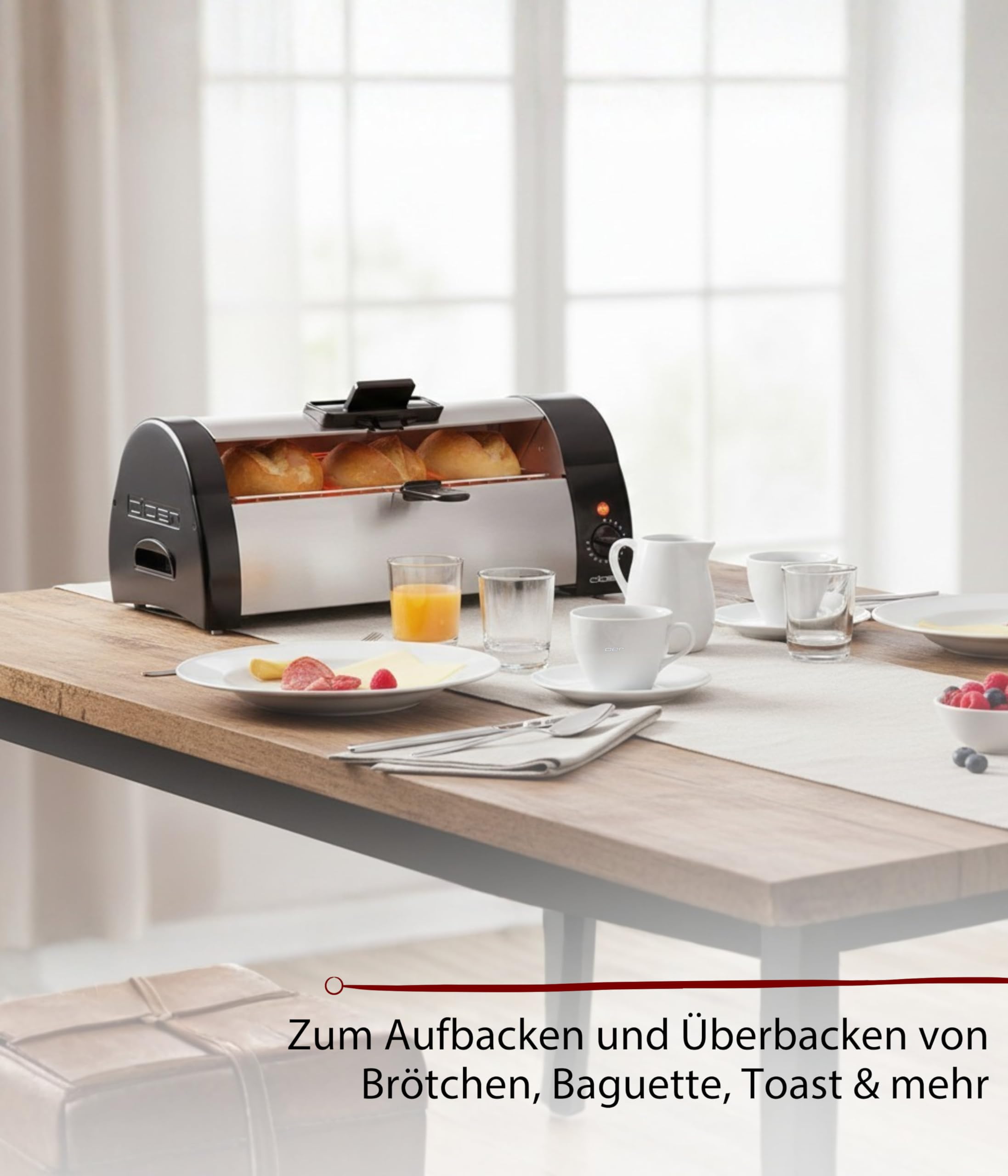 Cloer 3080 Brötchenbäcker zum Aufbacken von Brötchen, Kuchen oder Hefeteilchen 570 W, mattiertes Edelstahlgehäuse