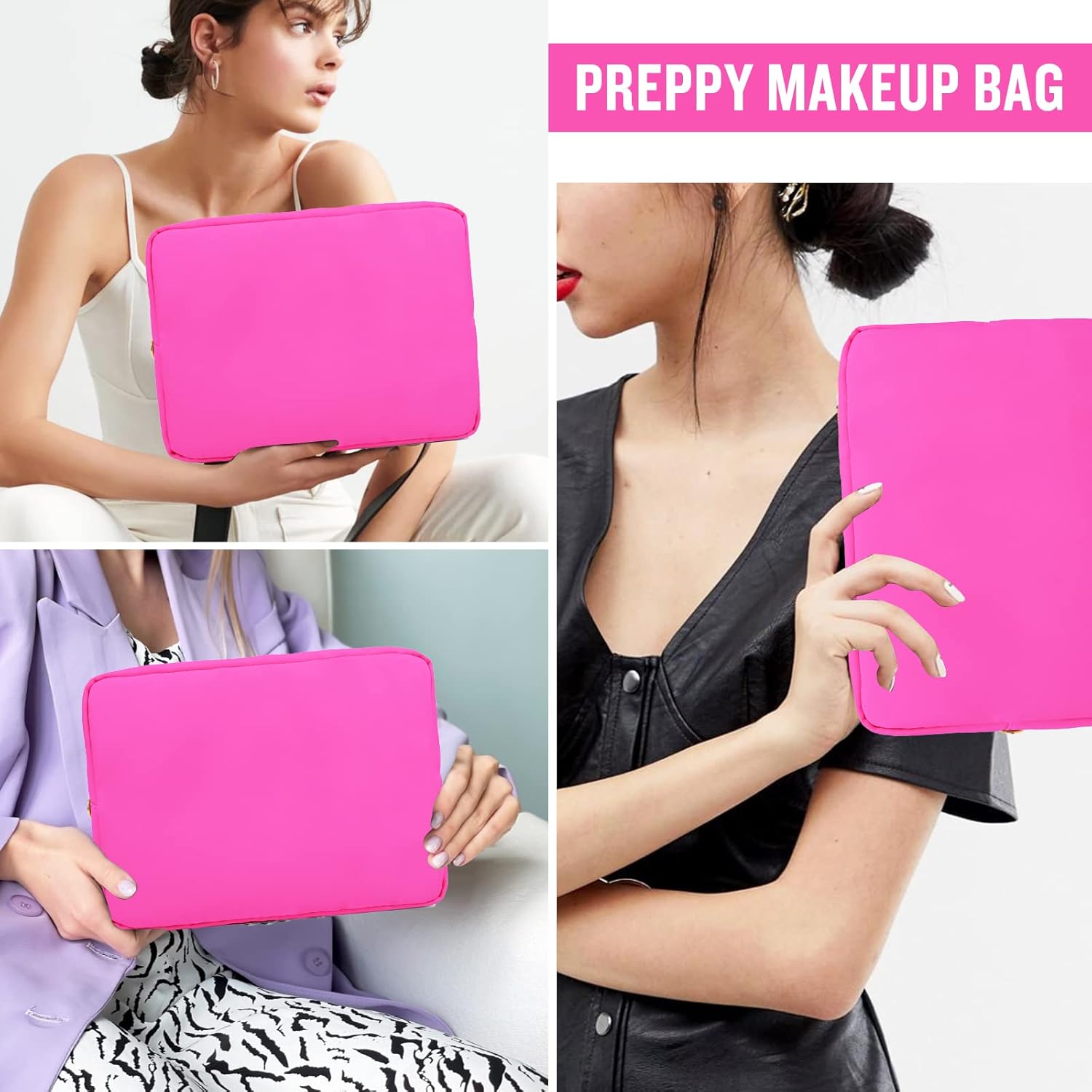 Nylon Large Makeup Bag Travel Cosmetic Bag Pouch, Preppy Big Makeup Bag Cute Cosmetic Zipper Pouch Purse, Waterproof Toiletry Bag Clutch Makeup Organizer Travel Essentials for Women Girls(Hot Pink) - Image 5