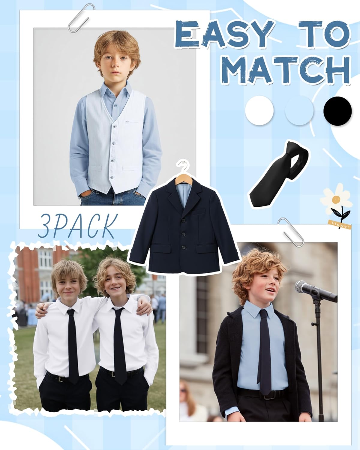 3 Pack Boy's Long Sleeve Dress Shirts Kids Casual Button Down Shirt Boys Solid Button Up School Uniform Tops - Image 3