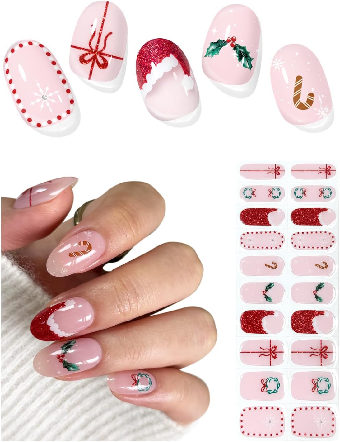 AutyaMee Semi Cured Gel Nail Strips (Cute Christmas), Red Santa Hat, 20 Pcs Gel Nail Wraps, Stickers, Wreath, Snowflake, Candy Cane, Works with Any UV Lamps