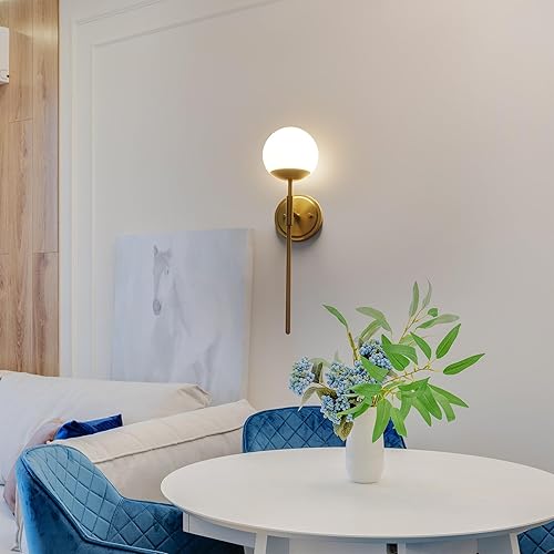 Miniatura 6 de Juego de 2 apliques de pared de latón envejecido, modernos apliques de tocador de baño, lámparas de tocador con vidrio ópalo globo, lámpara de pared